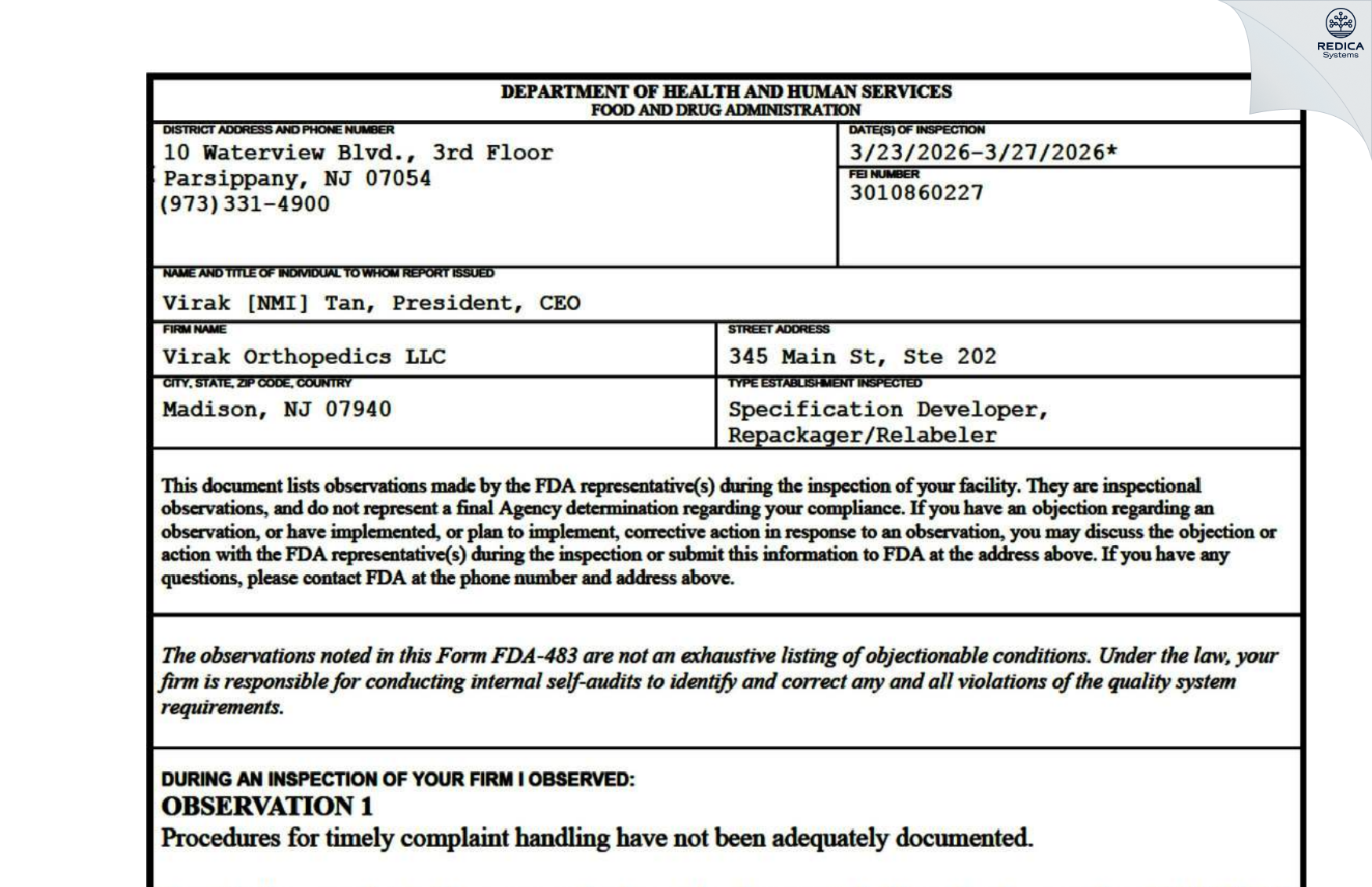 FDA 483 - Virak Orthopedics LLC [Harrison / United States of America] - Download PDF - Redica Systems