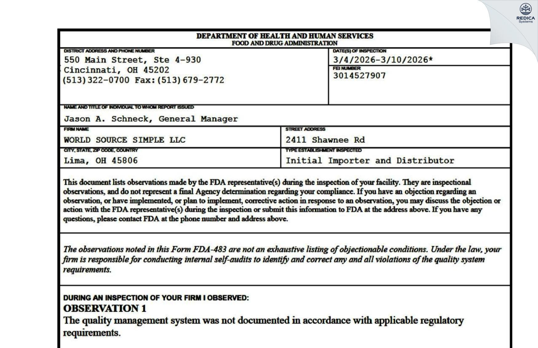 FDA 483 - WORLD SOURCE SIMPLE LLC [Lima / United States of America] - Download PDF - Redica Systems