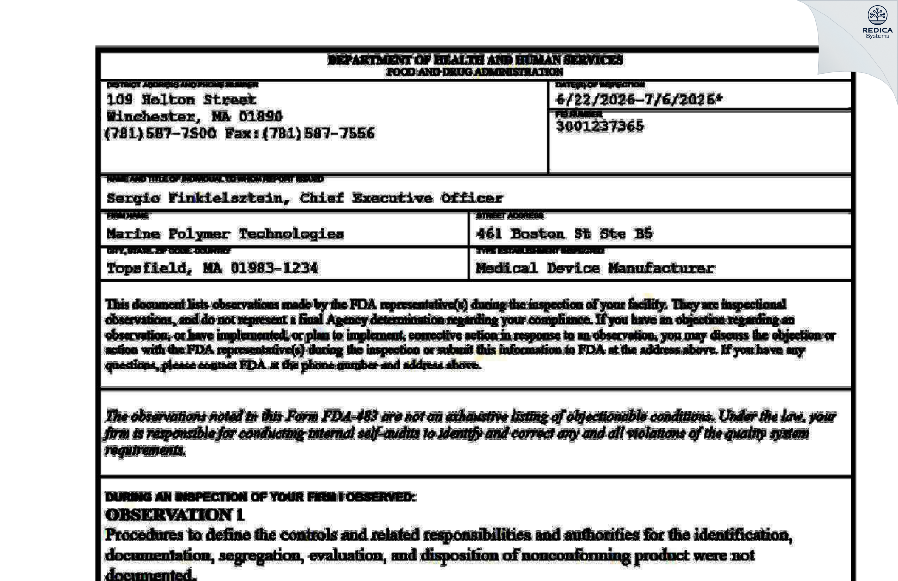 FDA 483 - Marine Polymer Technologies [Topsfield / United States of America] - Download PDF - Redica Systems