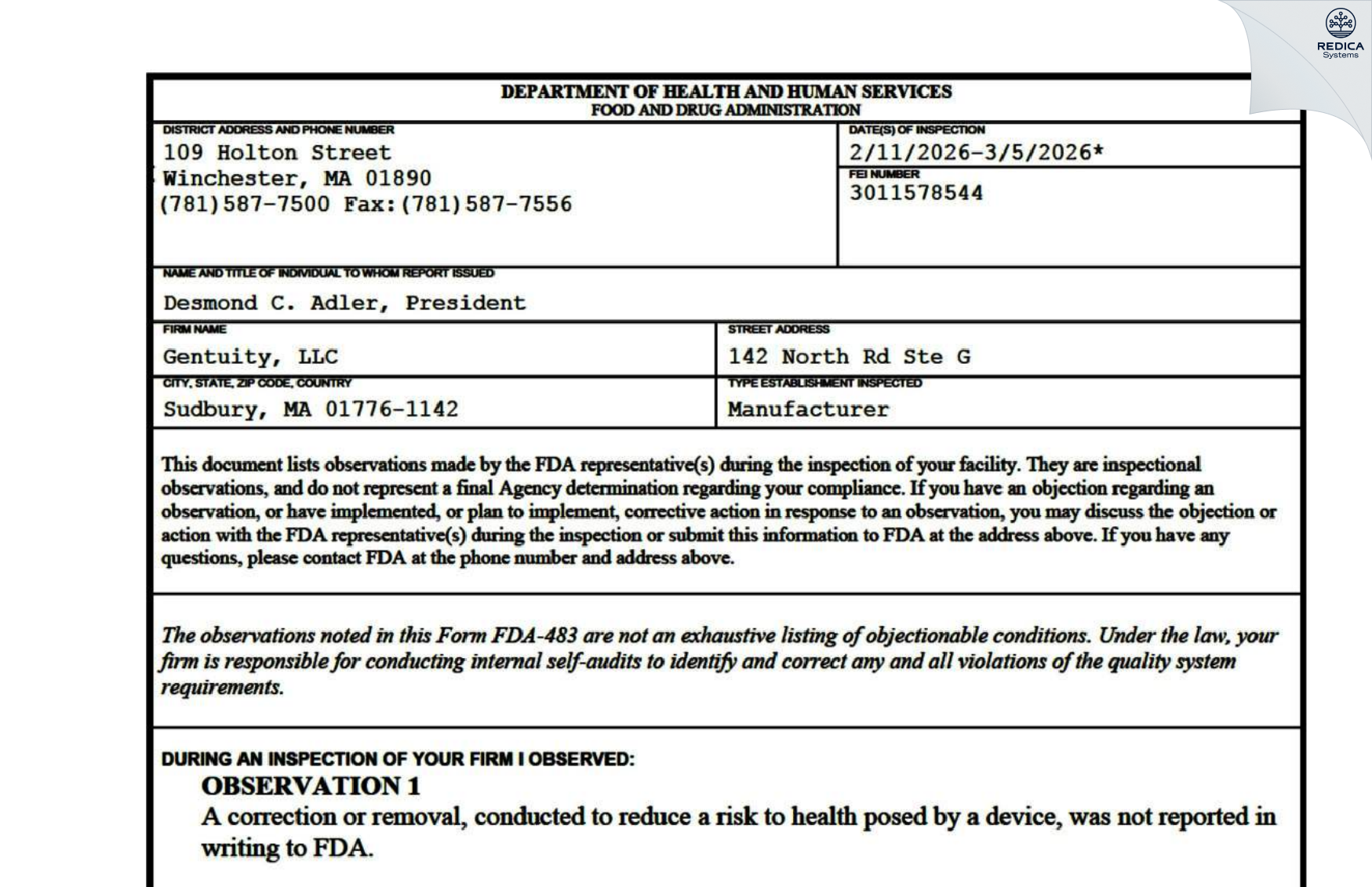 FDA 483 - Gentuity, LLC [Sudbury / United States of America] - Download PDF - Redica Systems