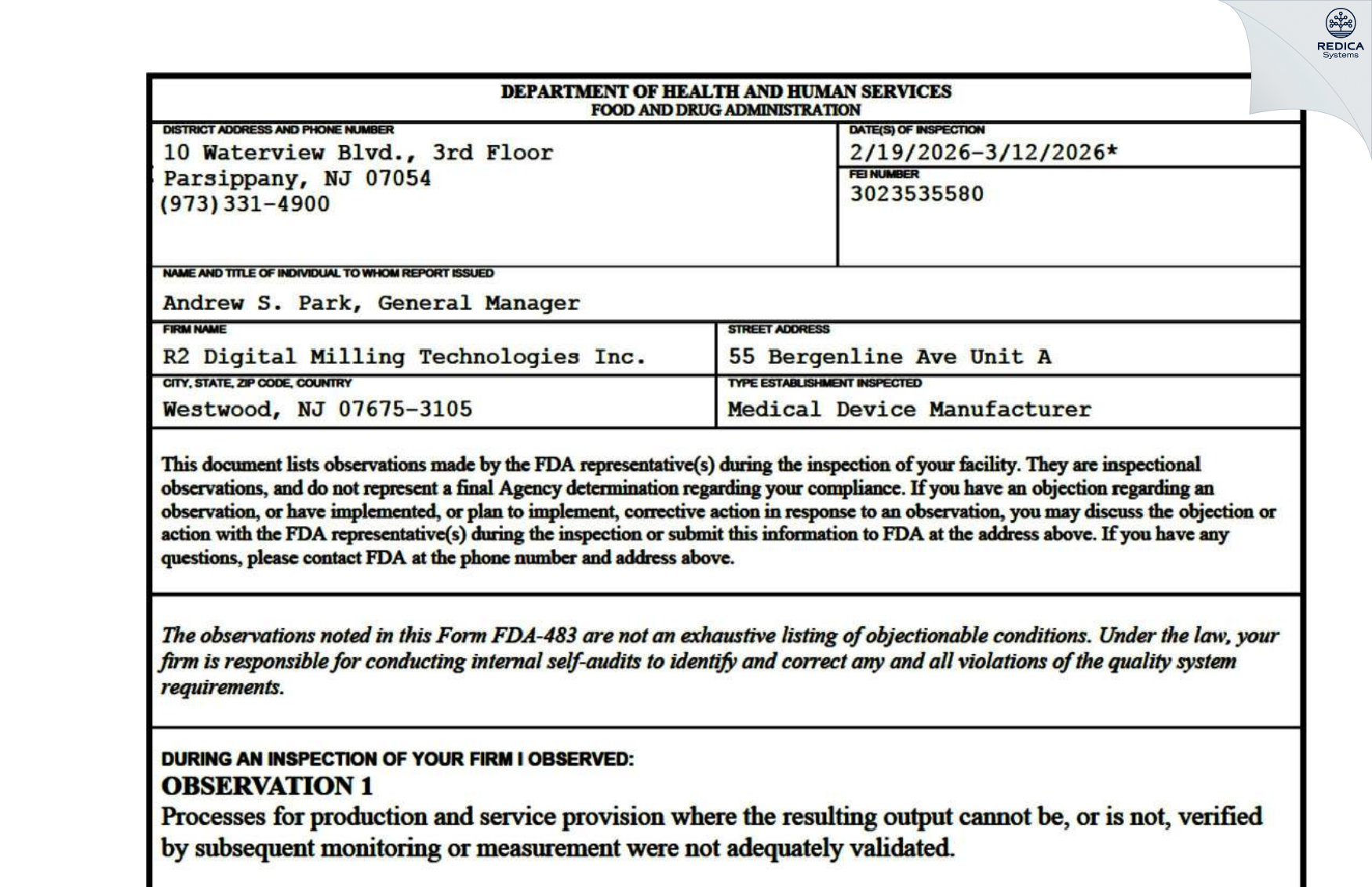 FDA 483 - R2 DIGITAL MILLING TECHNOLOGIES [Westwood / United States of America] - Download PDF - Redica Systems