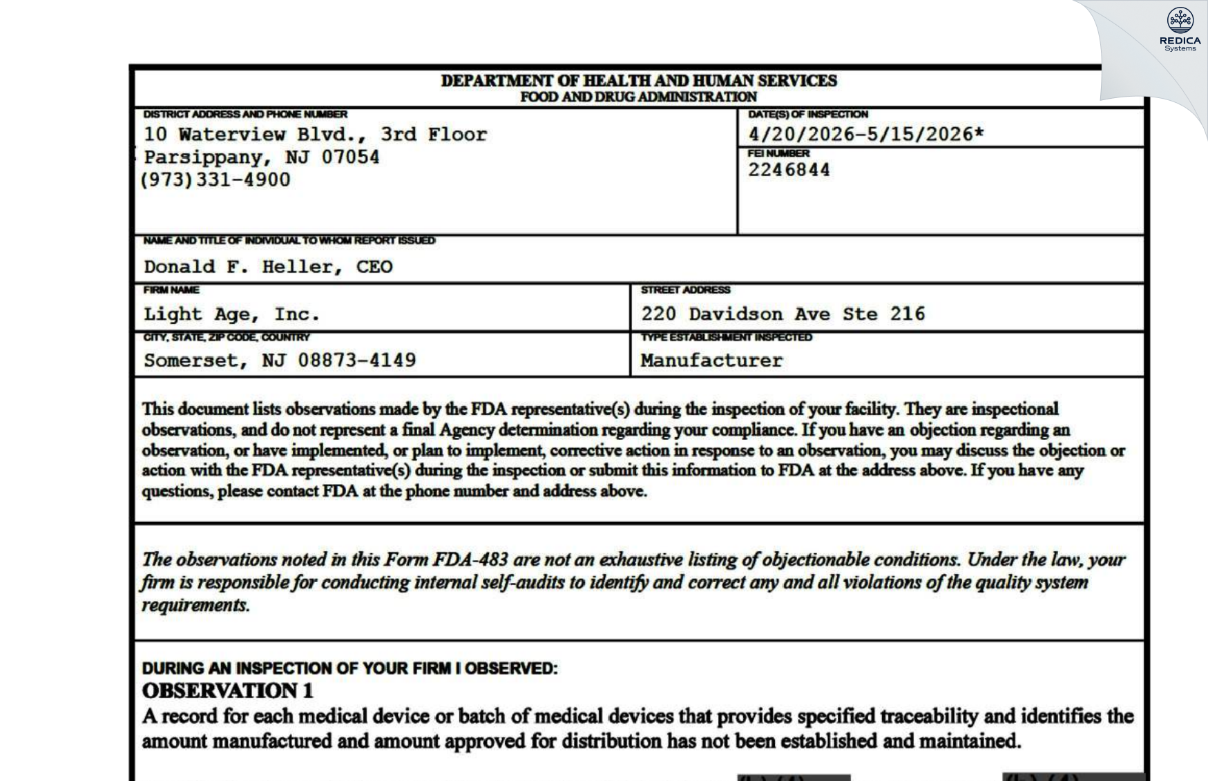 FDA 483 - Light Age, Inc. [Somerset / United States of America] - Download PDF - Redica Systems