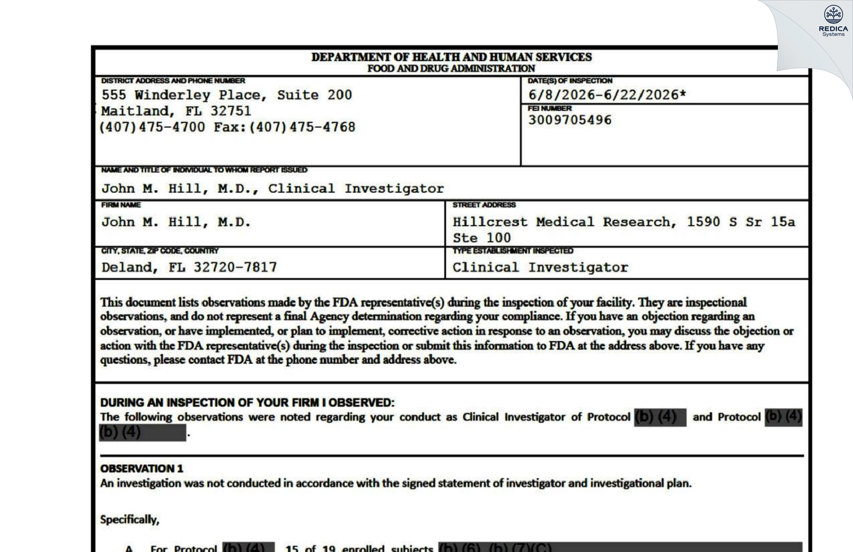FDA 483 - John M. Hill [Deland / United States of America] - Download PDF - Redica Systems