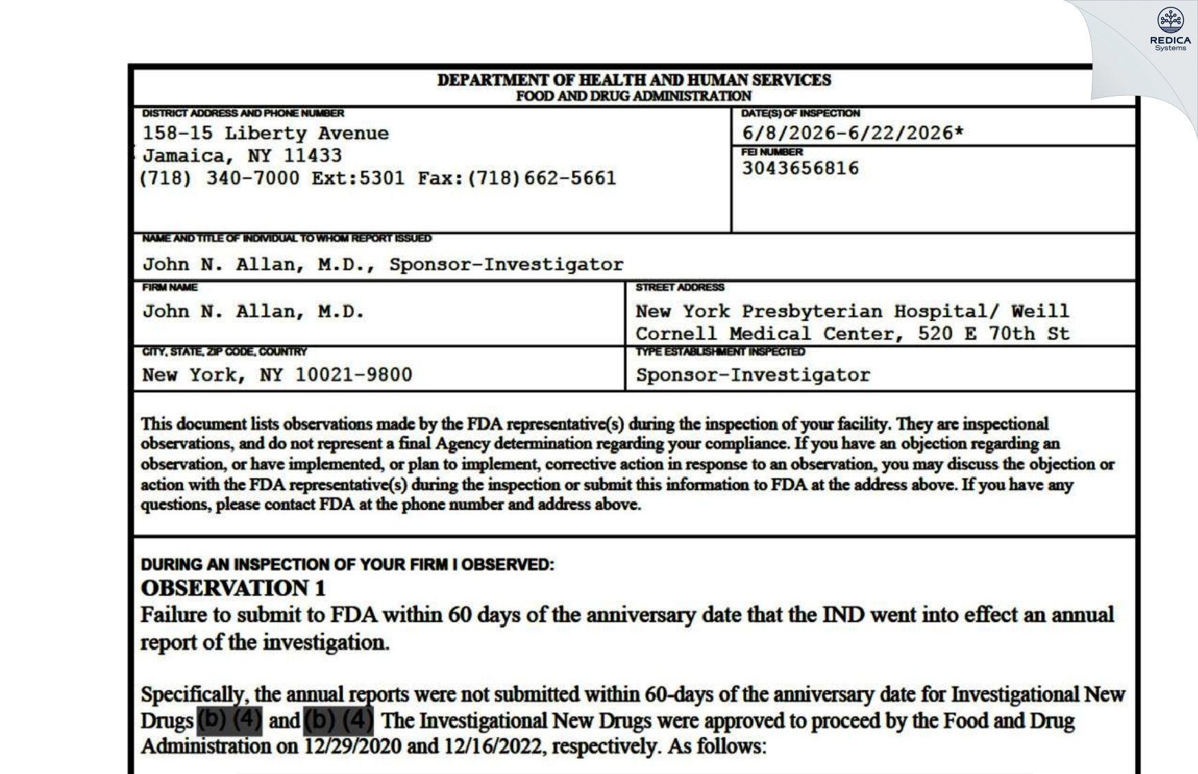 FDA 483 - John N. Allan, M.D. [New York / United States of America] - Download PDF - Redica Systems