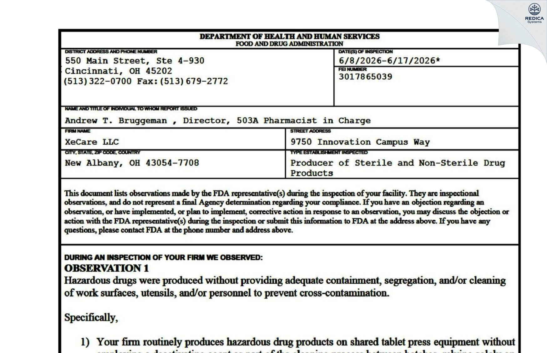 FDA 483 - XeCare LLC [New Albany / United States of America] - Download PDF - Redica Systems