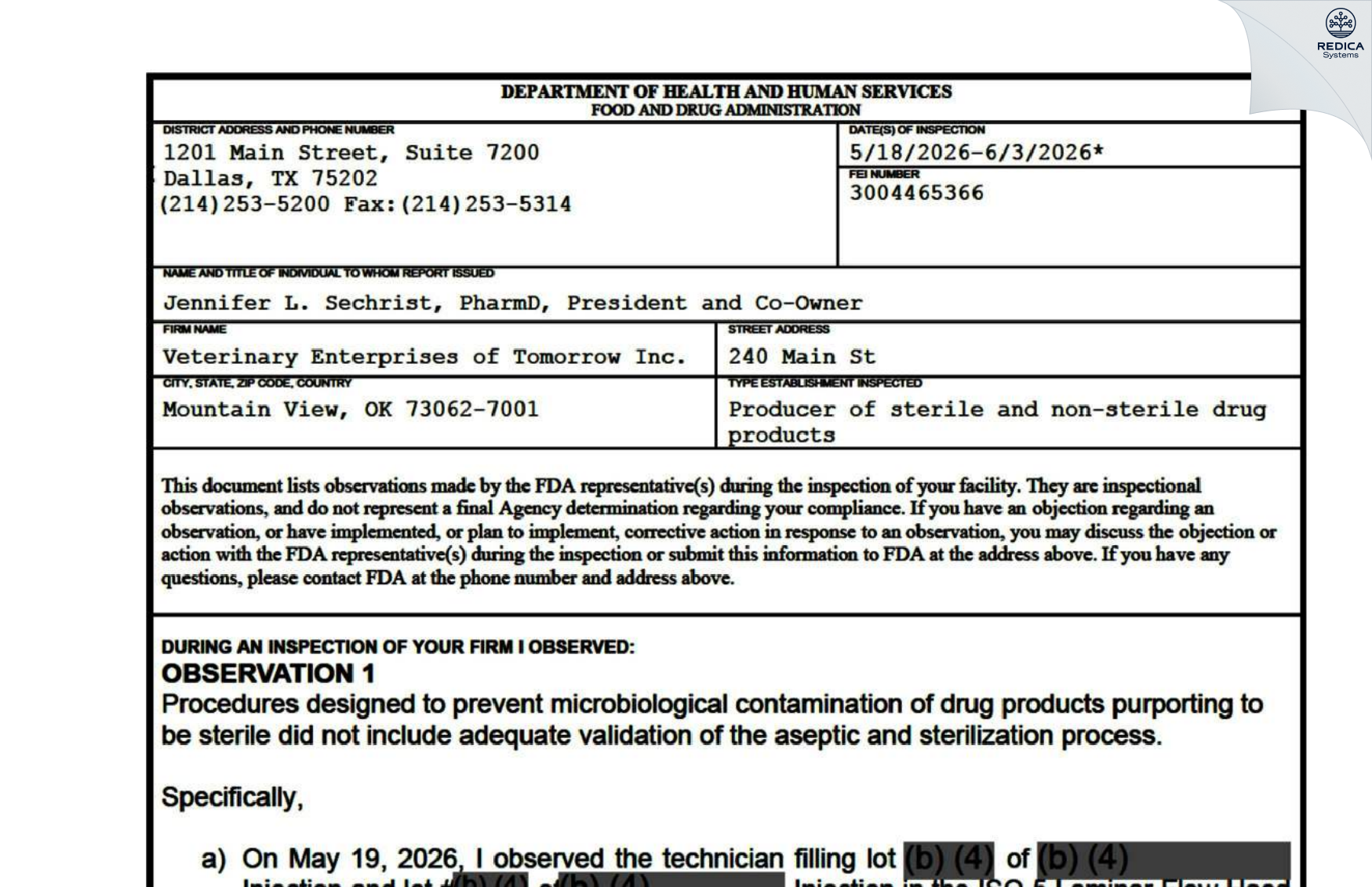 FDA 483 - Veterinary Enterprises of Tomorrow [Mountain View / United States of America] - Download PDF - Redica Systems