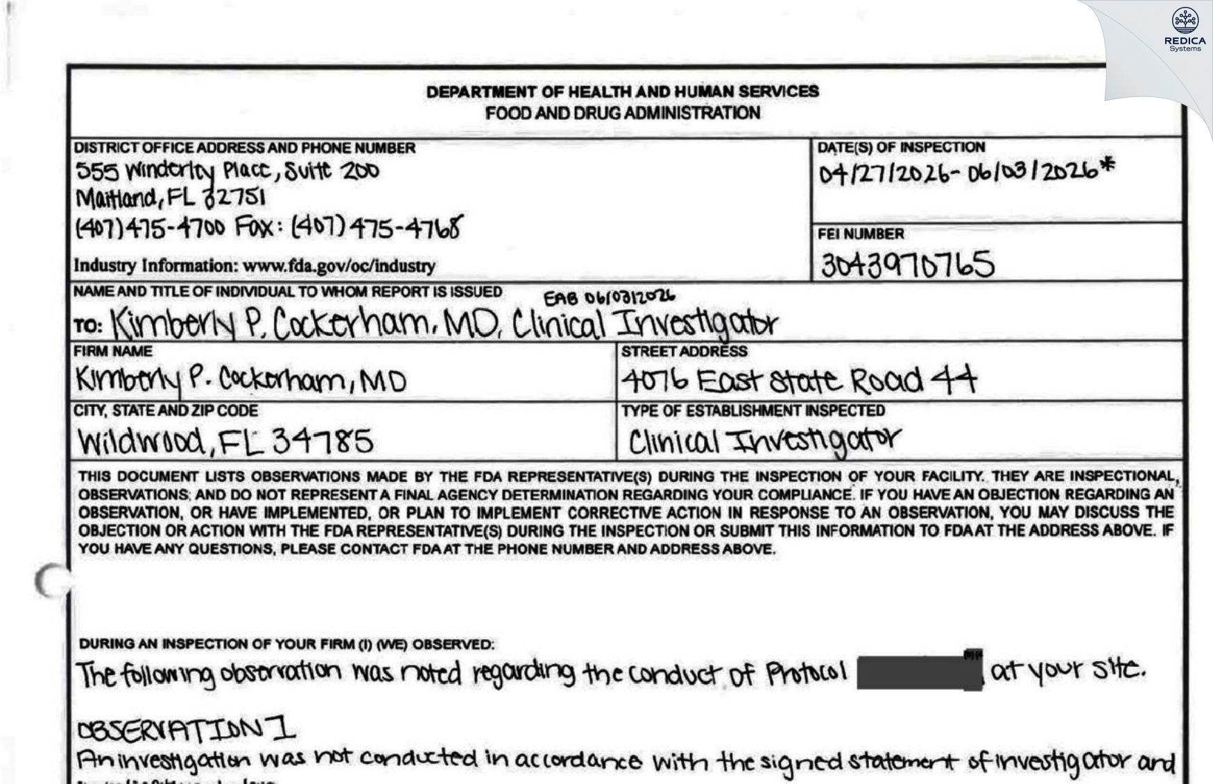 FDA 483 - Kimberly P. Cockerham, MD [The Villages / United States of America] - Download PDF - Redica Systems