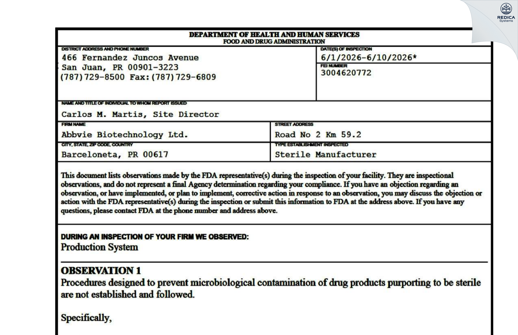 FDA 483 - AbbVie Biotechnology LTD [Florida Afuera / Puerto Rico] - Download PDF - Redica Systems