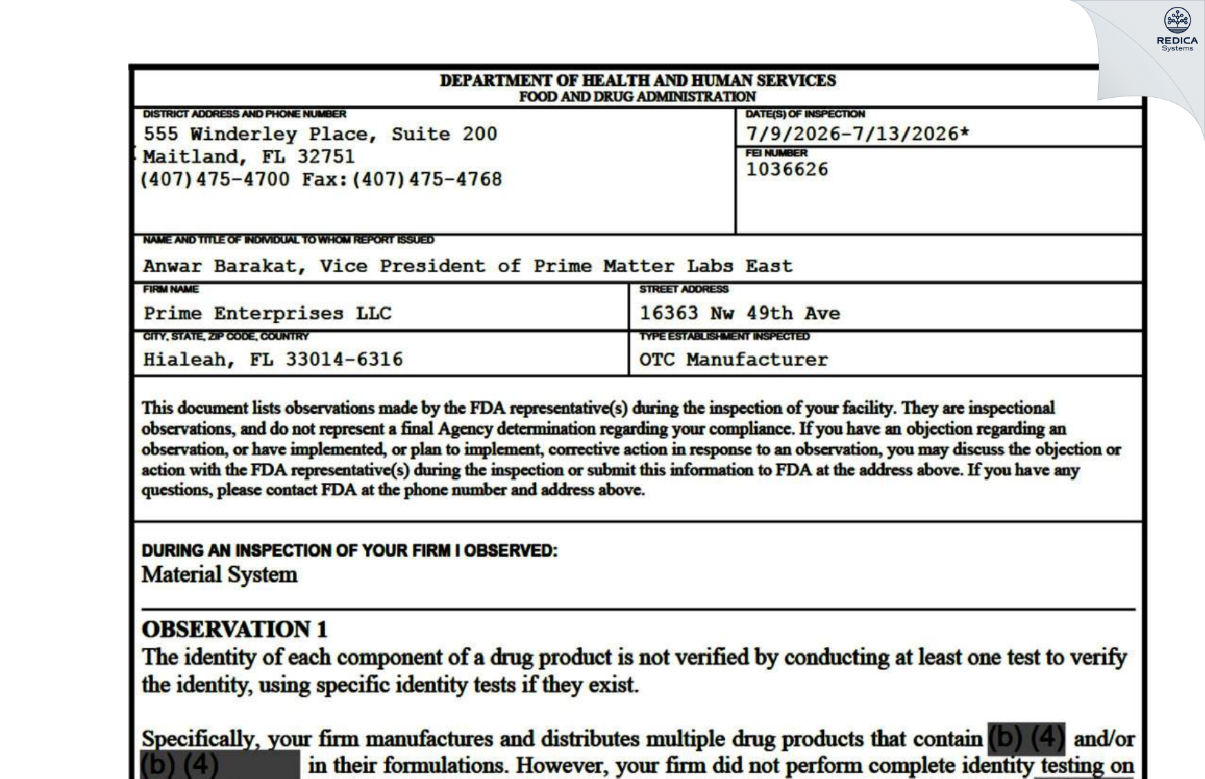 FDA 483 - Prime Enterprises [Hialeah / United States of America] - Download PDF - Redica Systems