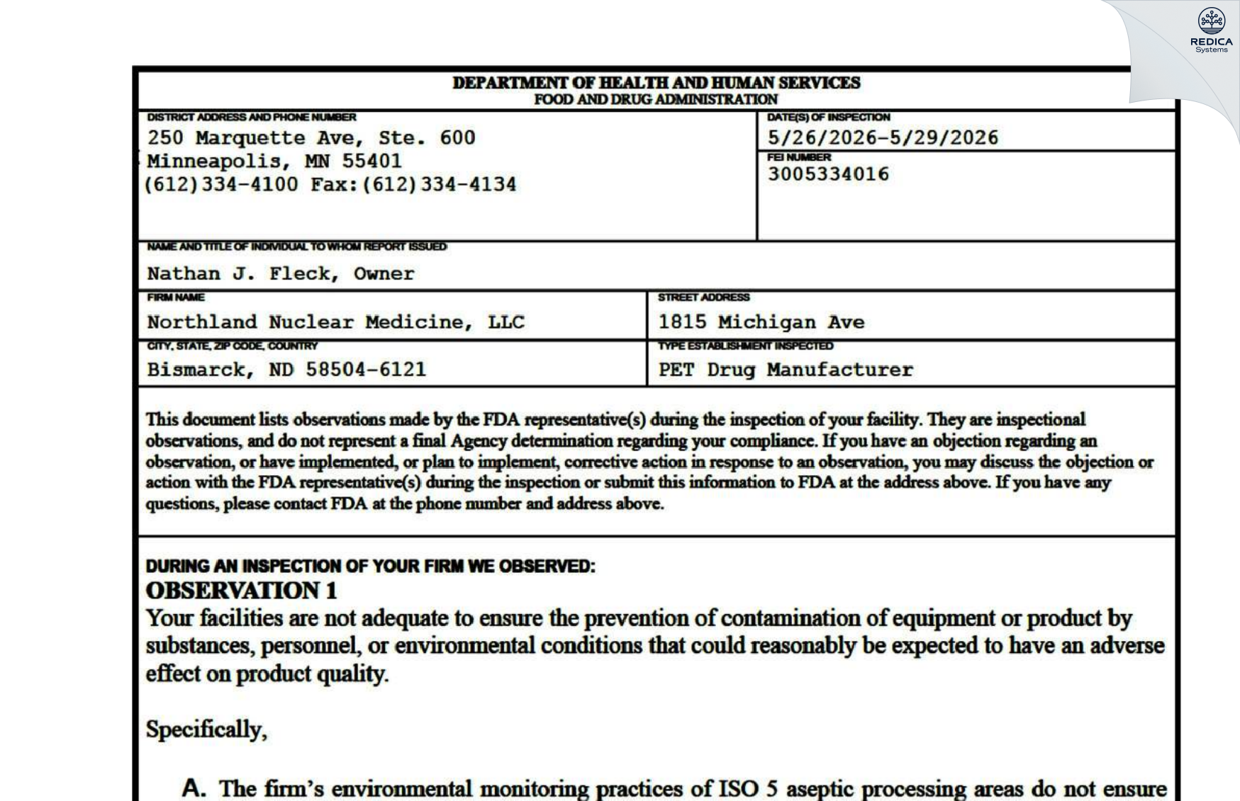 FDA 483 - Northland Nuclear Medicine, LLC [Bismarck / United States of America] - Download PDF - Redica Systems