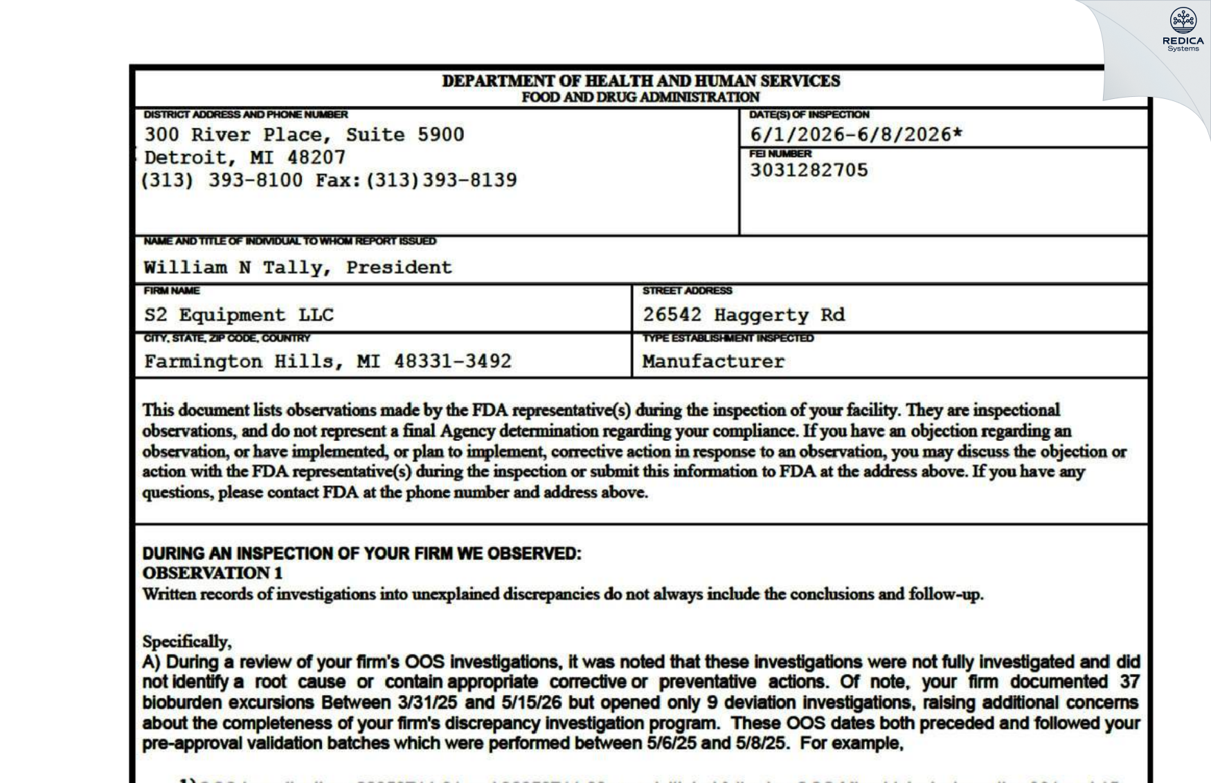 FDA 483 - S2 Equipment LLC [Farmington Hills / United States of America] - Download PDF - Redica Systems