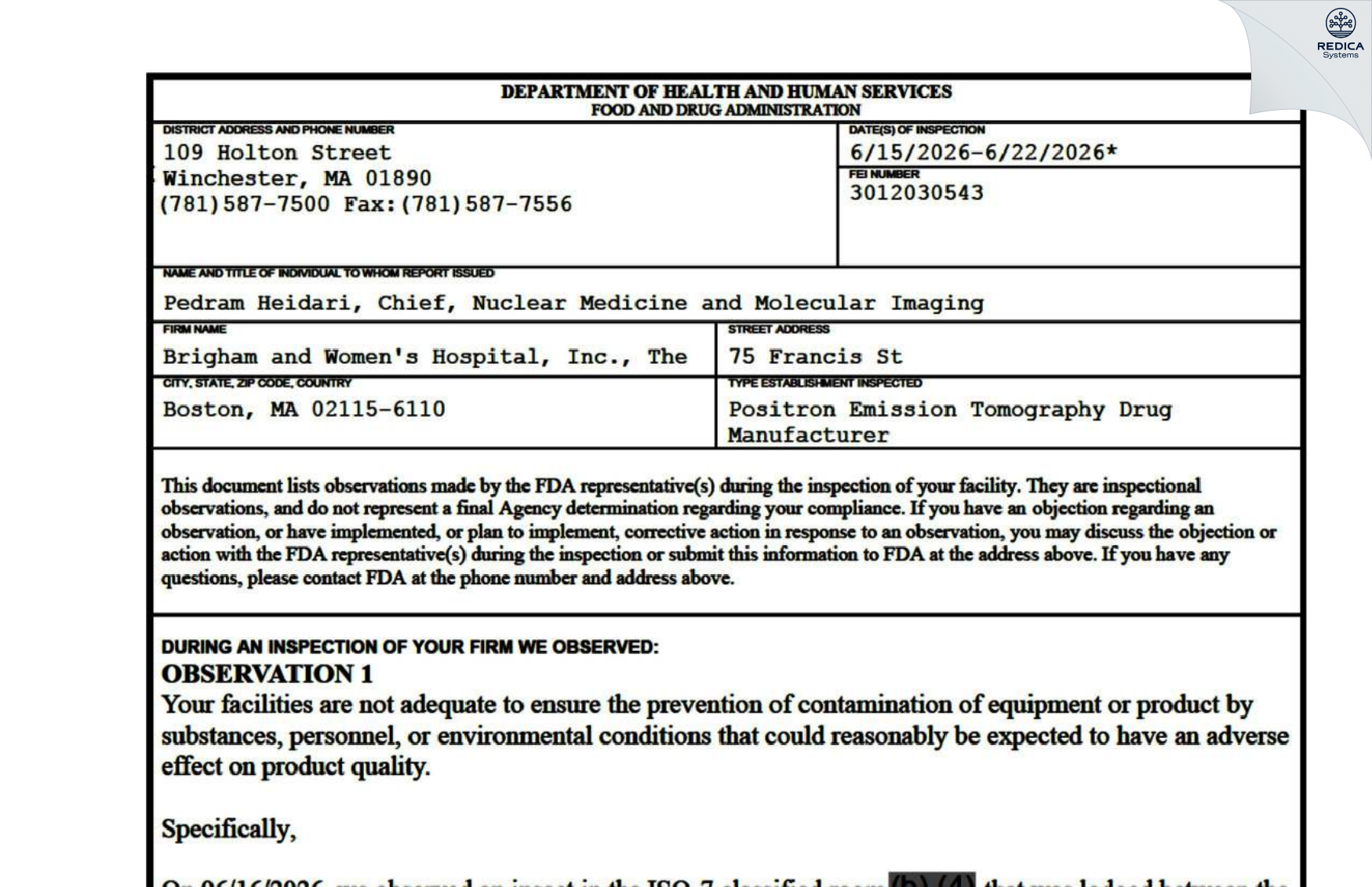 FDA 483 - BRIGHAM AND WOMEN`S HOSPITAL, INC., THE [Boston / United States of America] - Download PDF - Redica Systems