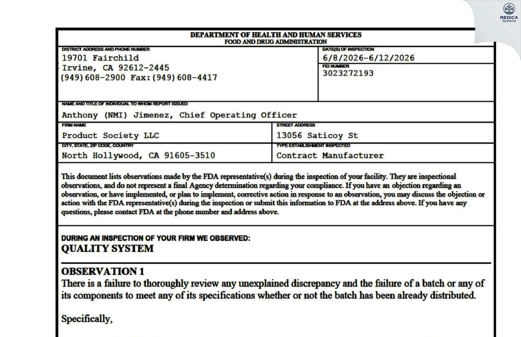 FDA 483 - Product Society LLC [North Hollywood / United States of America] - Download PDF - Redica Systems