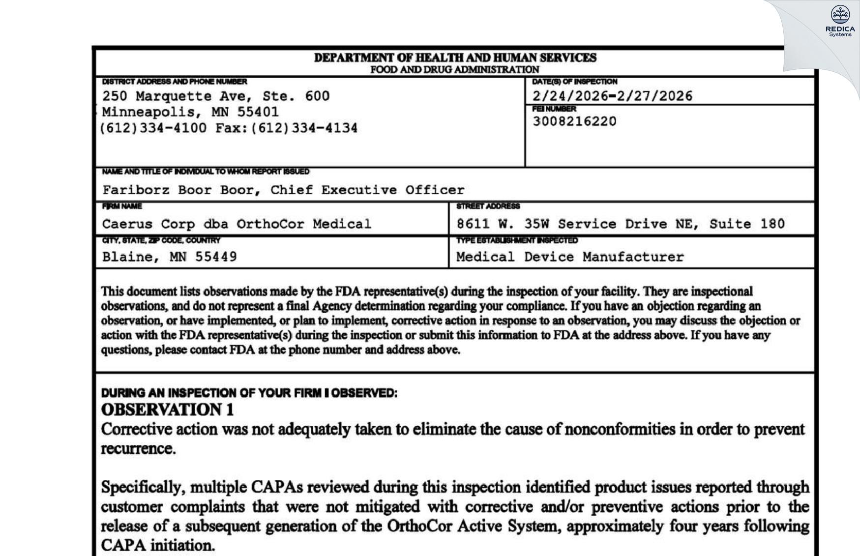 FDA 483 - Caerus Corp. dba Orthocor Medical [Minneapolis / United States of America] - Download PDF - Redica Systems