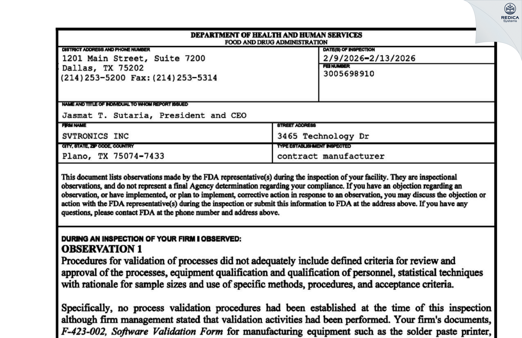 FDA 483 - SVTRONICS INC [Plano / United States of America] - Download PDF - Redica Systems