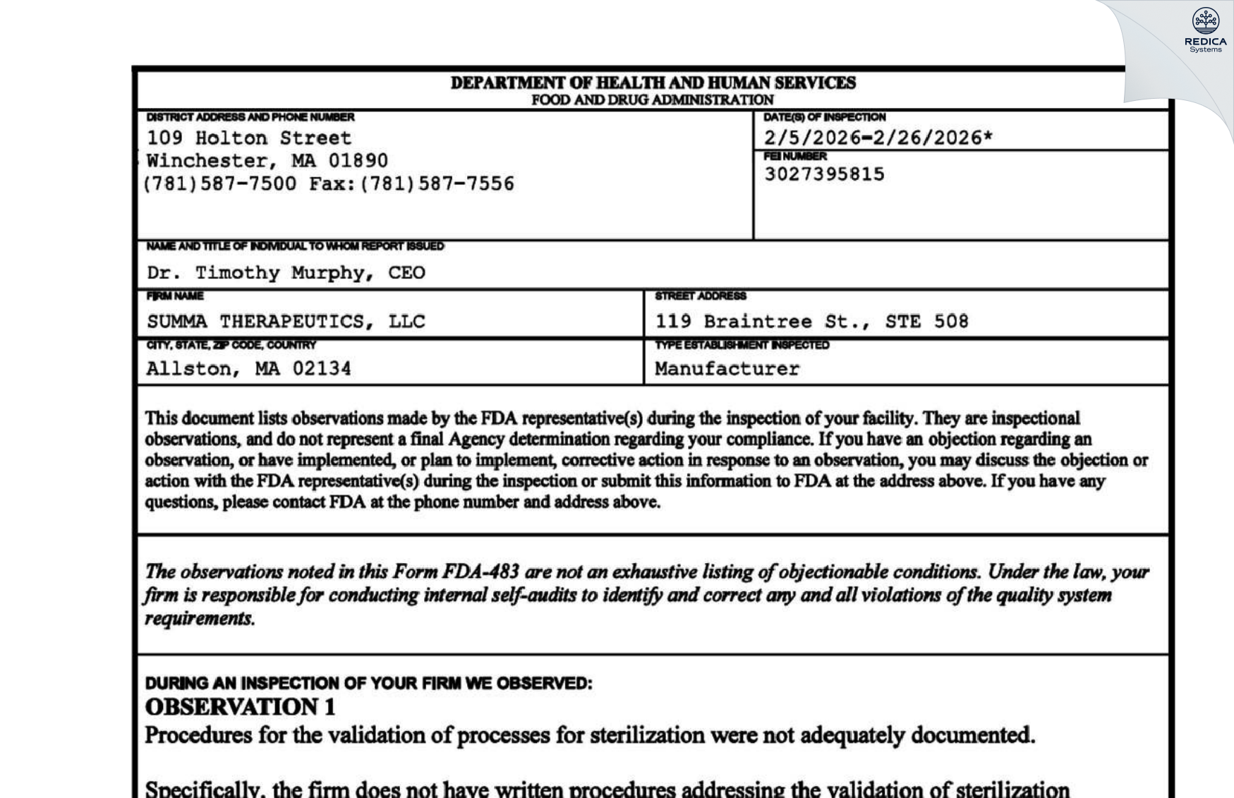 FDA 483 - SUMMA THERAPEUTICS, LLC [Cambridge / United States of America] - Download PDF - Redica Systems