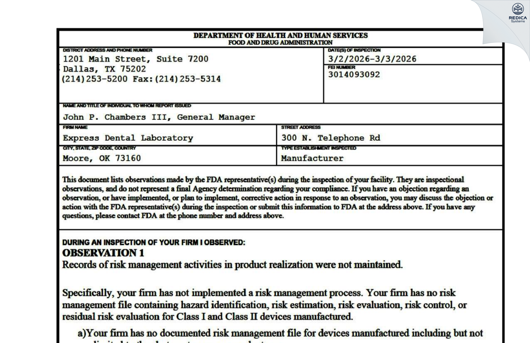 FDA 483 - EXPRESS DENTAL LABORATORY [Norman / United States of America] - Download PDF - Redica Systems