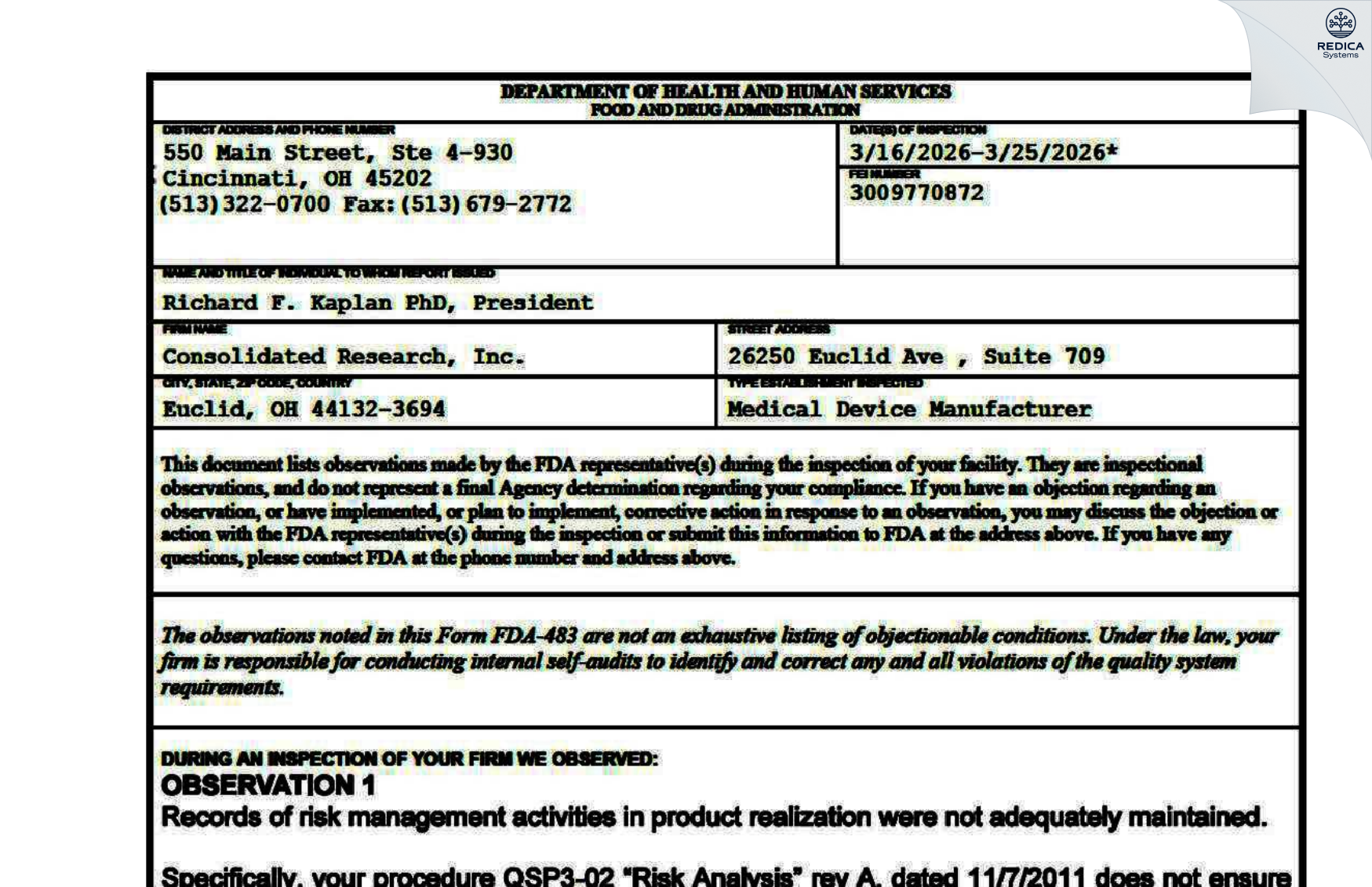FDA 483 - Consolidated Research of Richmond Inc [Euclid / United States of America] - Download PDF - Redica Systems
