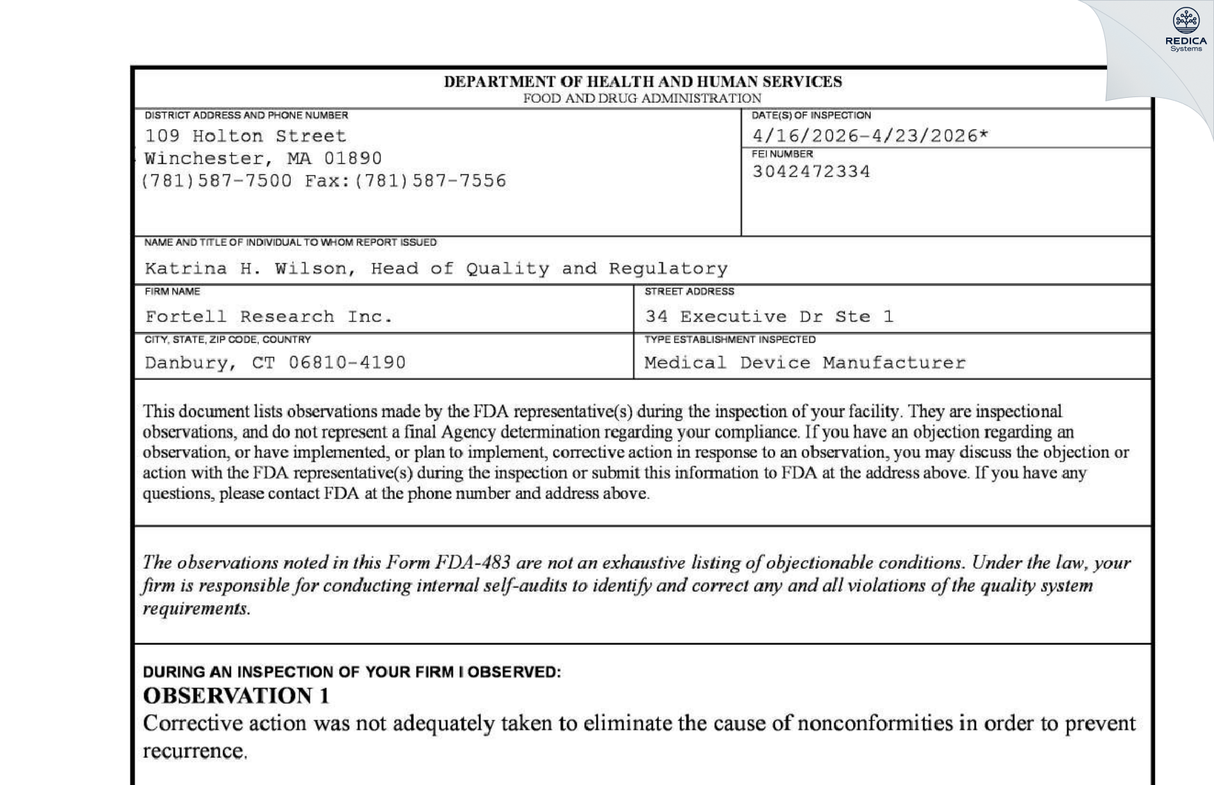FDA 483 - Fortell Research Manufacturing [Danbury / United States of America] - Download PDF - Redica Systems