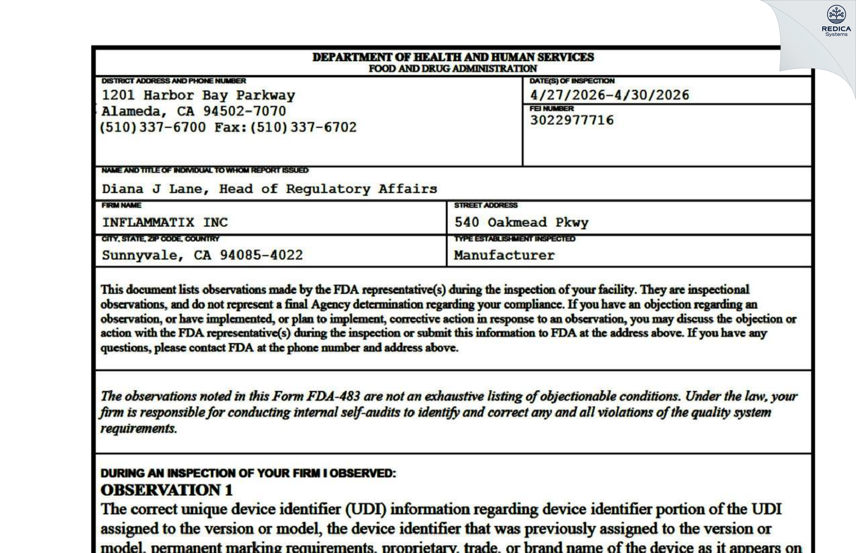 FDA 483 - INFLAMMATIX [Sunnyvale / United States of America] - Download PDF - Redica Systems