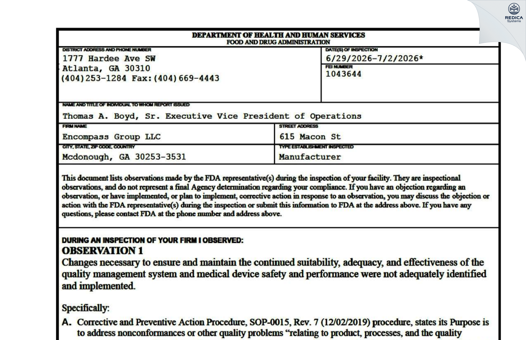 FDA 483 - Encompass Group LLC [Mcdonough / United States of America] - Download PDF - Redica Systems