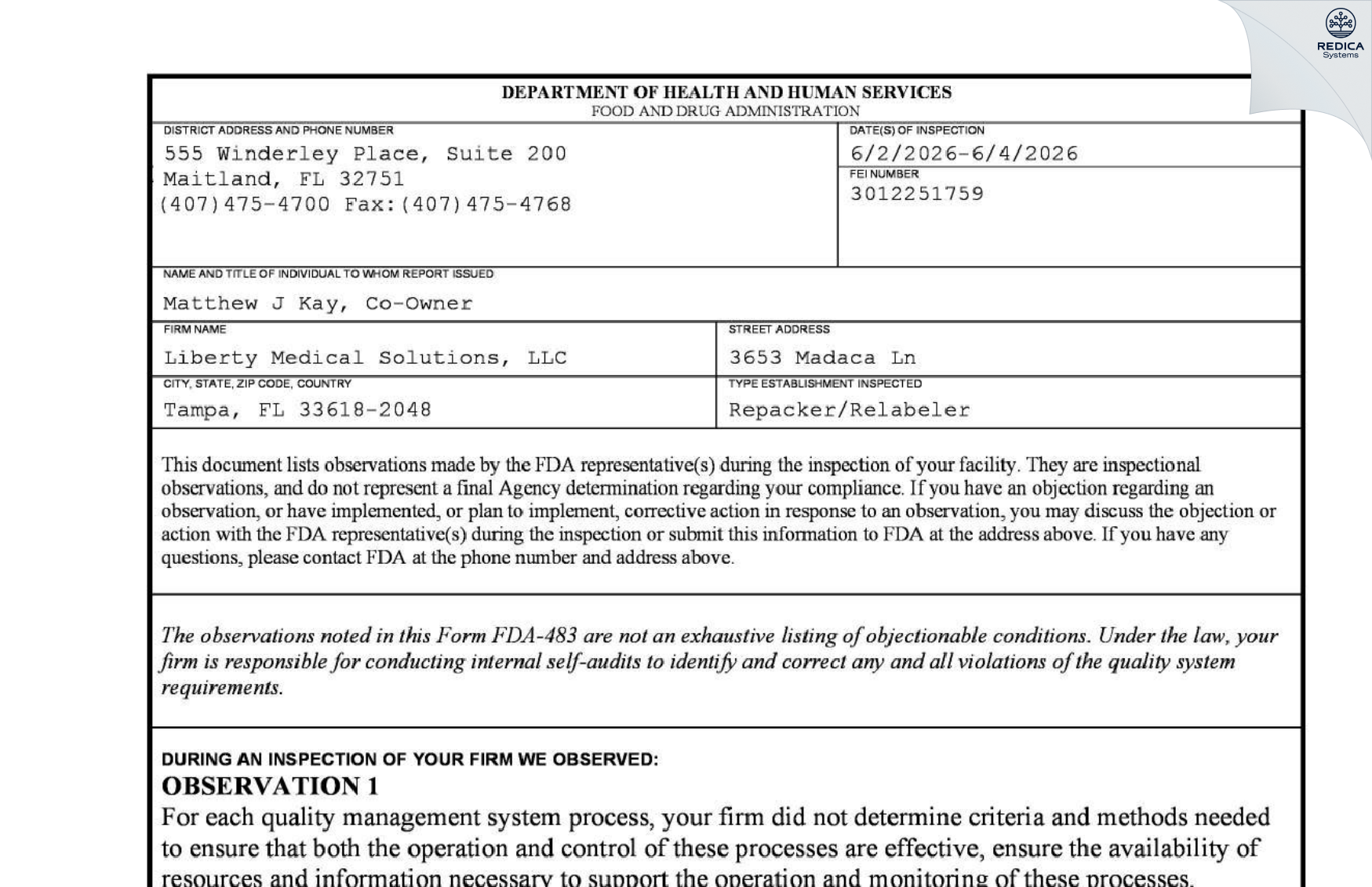 FDA 483 - Liberty Medical Solutions, LLC [Tampa / United States of America] - Download PDF - Redica Systems