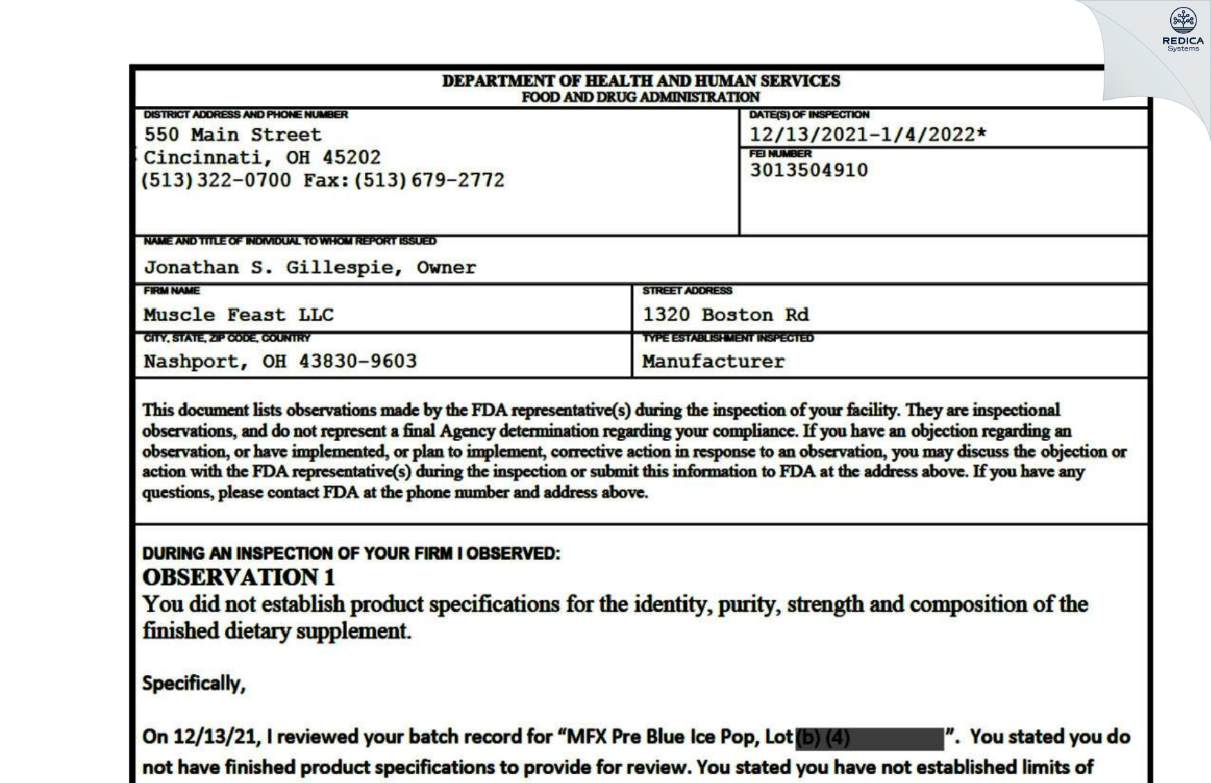 FDA 483 - Nutra Valley LLC [Nashport / United States of America] - Download PDF - Redica Systems