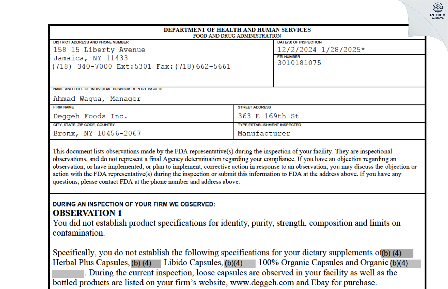 FDA 483 - Deggeh Foods Inc. [Bronx / United States of America] - Download PDF - Redica Systems