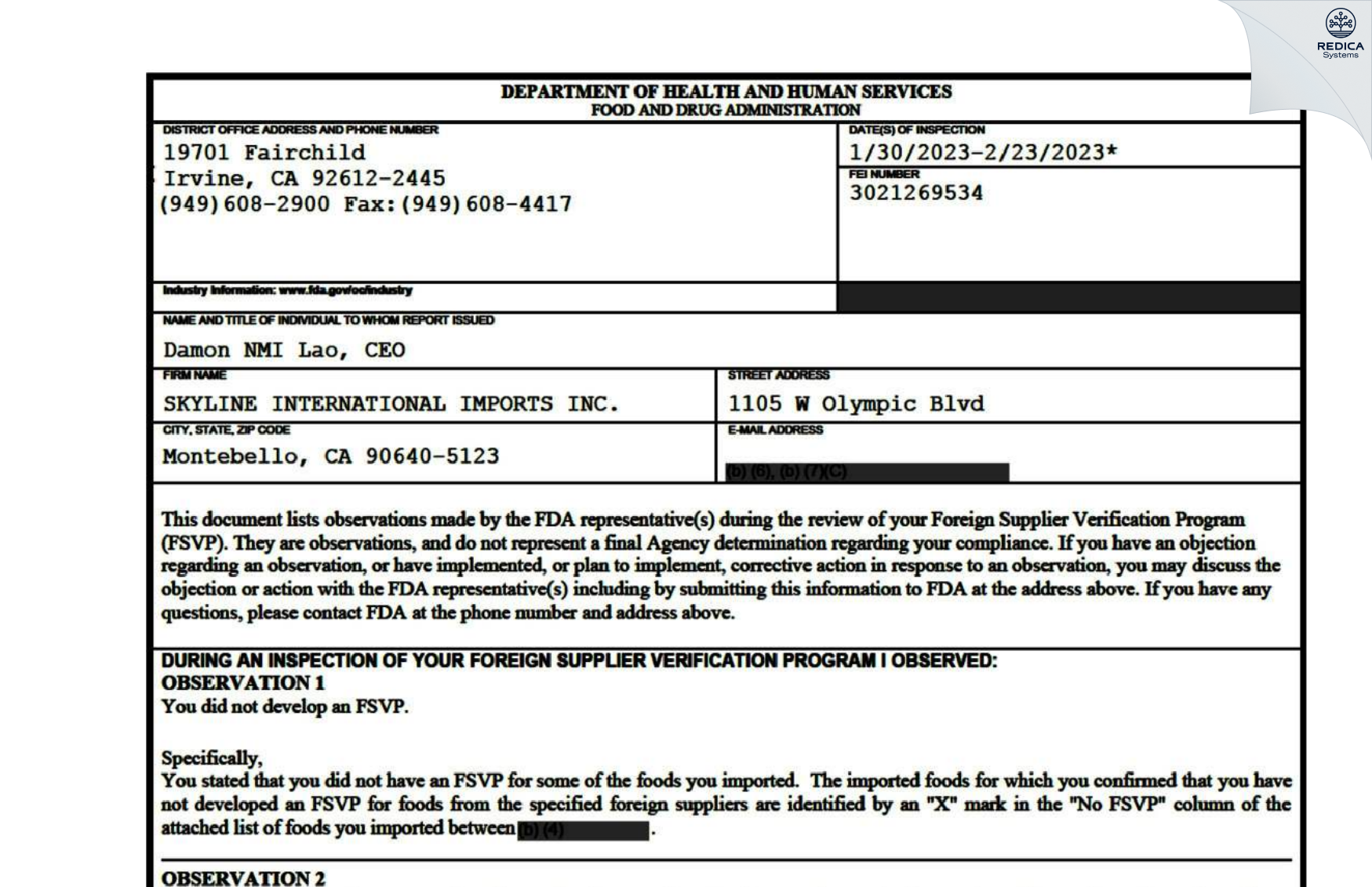 FDA 483 - SKYLINE INTERNATIONAL IMPORTS INC. [Montebello / United States of America] - Download PDF - Redica Systems