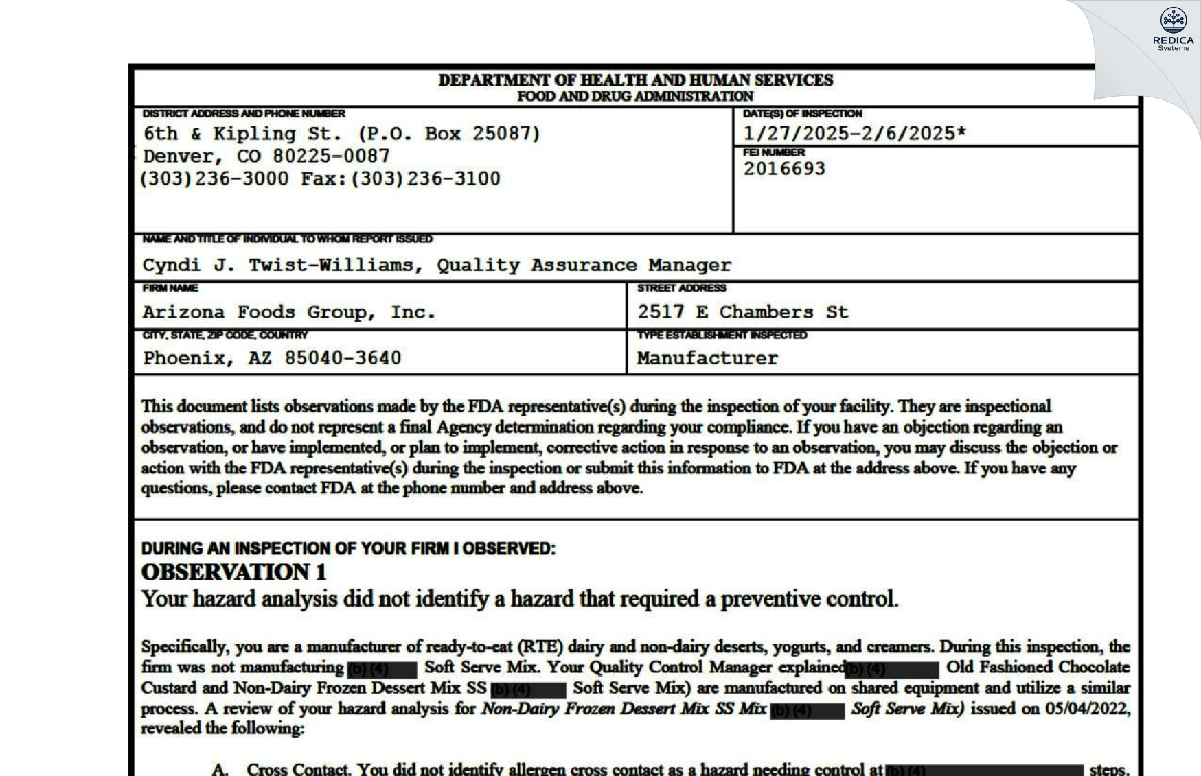 FDA 483 - Arizona Foods Group, Inc. [Phoenix / United States of America] - Download PDF - Redica Systems