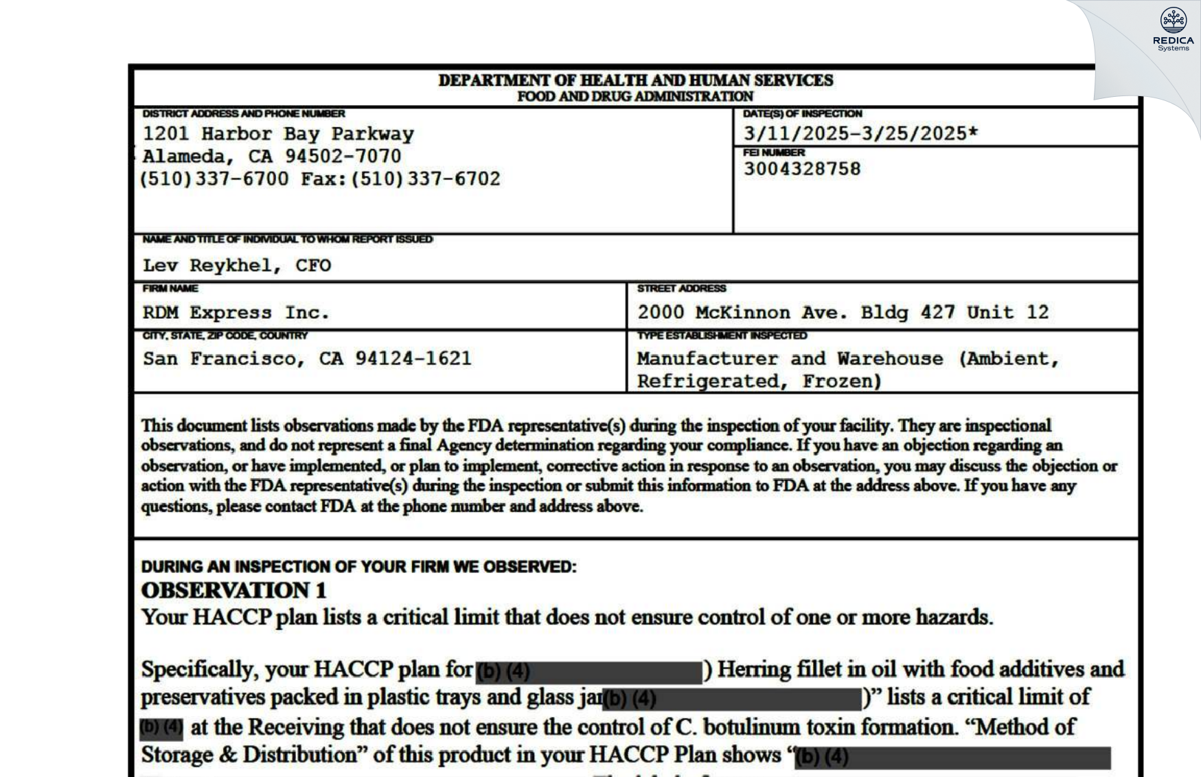 FDA 483 - RDM Express Inc. [San Francisco / United States of America] - Download PDF - Redica Systems