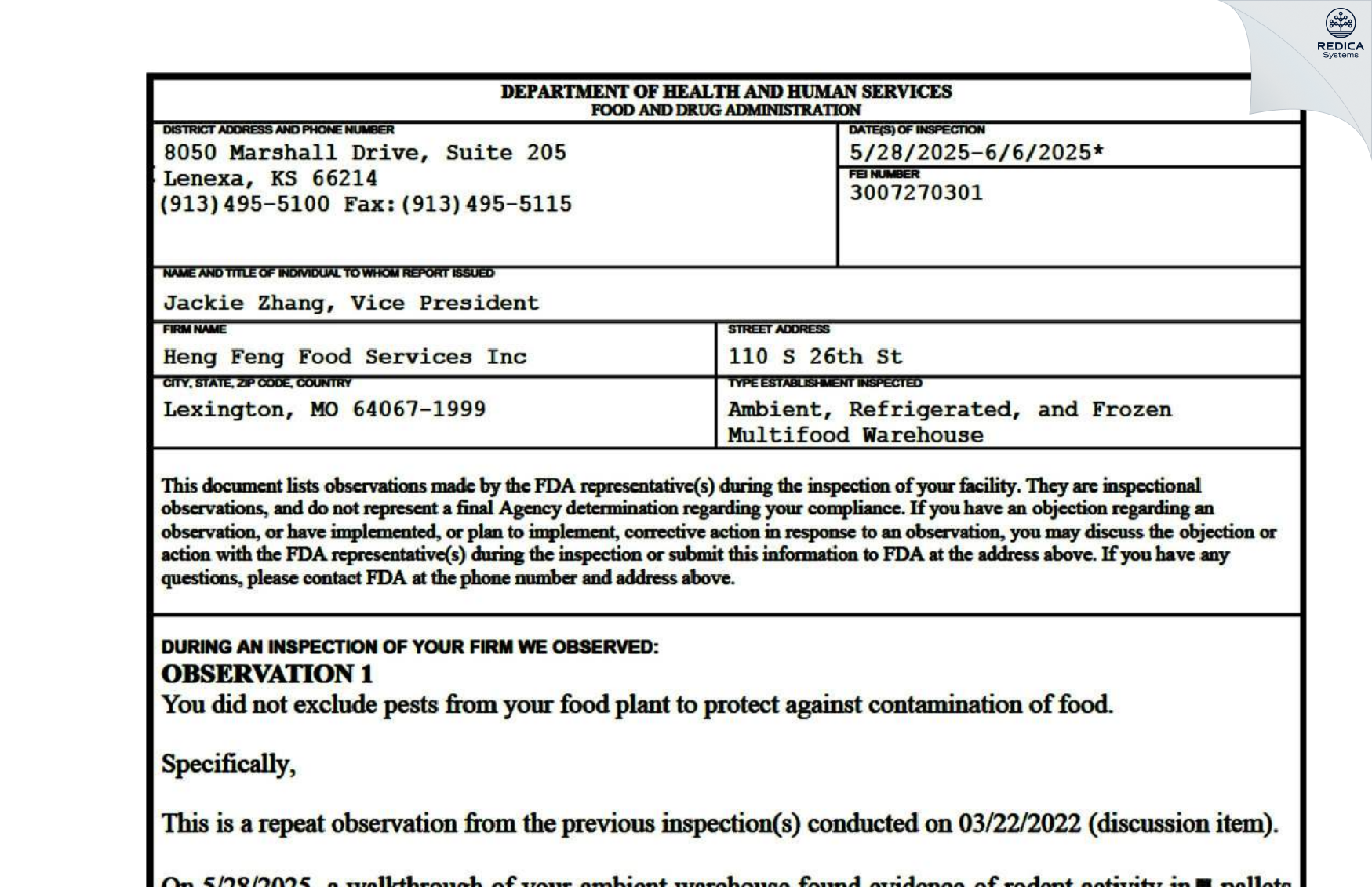 FDA 483 - Heng Feng Food Services Inc [Lexington / United States of America] - Download PDF - Redica Systems