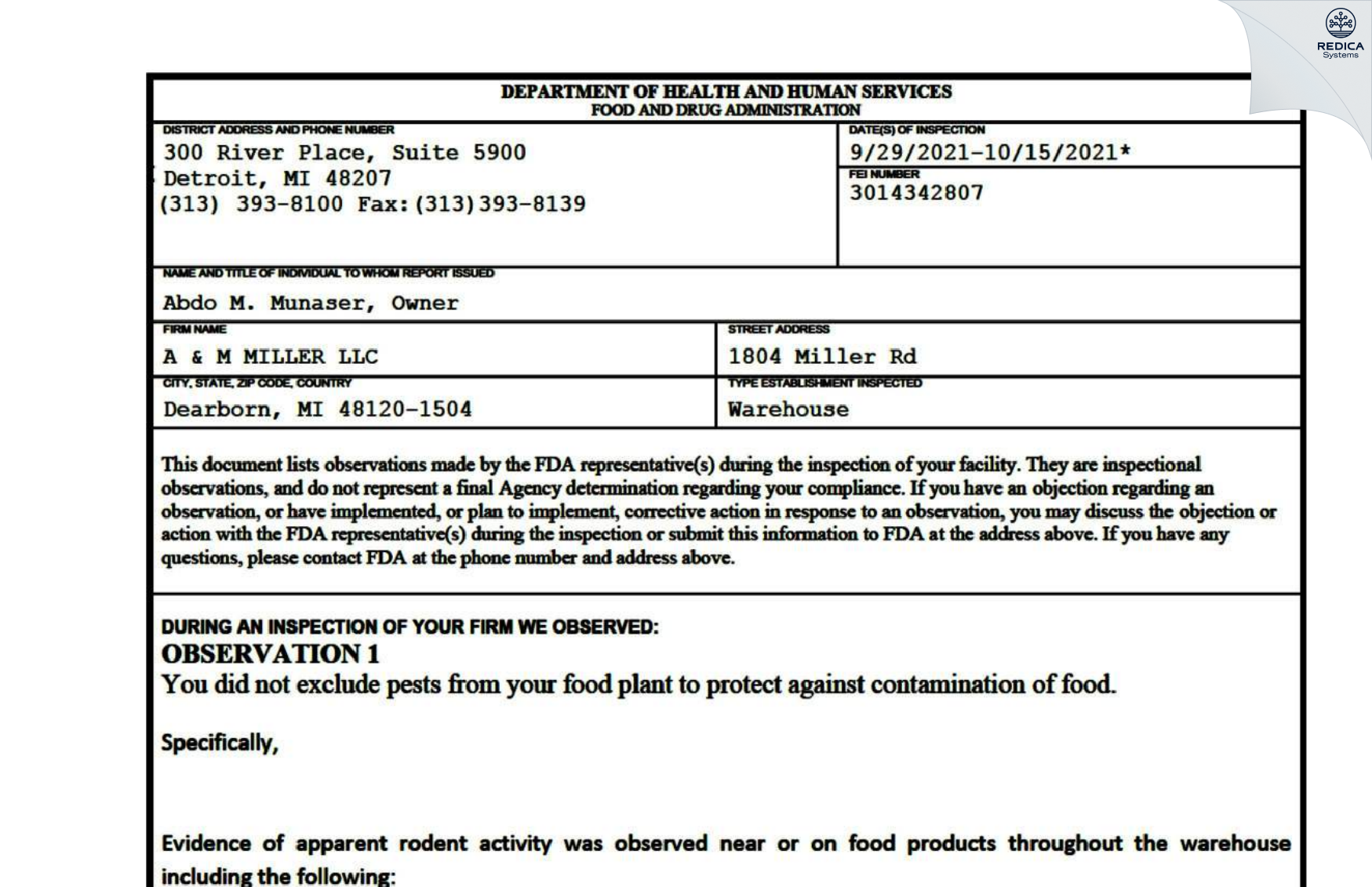 FDA 483 - A & M MILLER LLC [Dearborn / United States of America] - Download PDF - Redica Systems