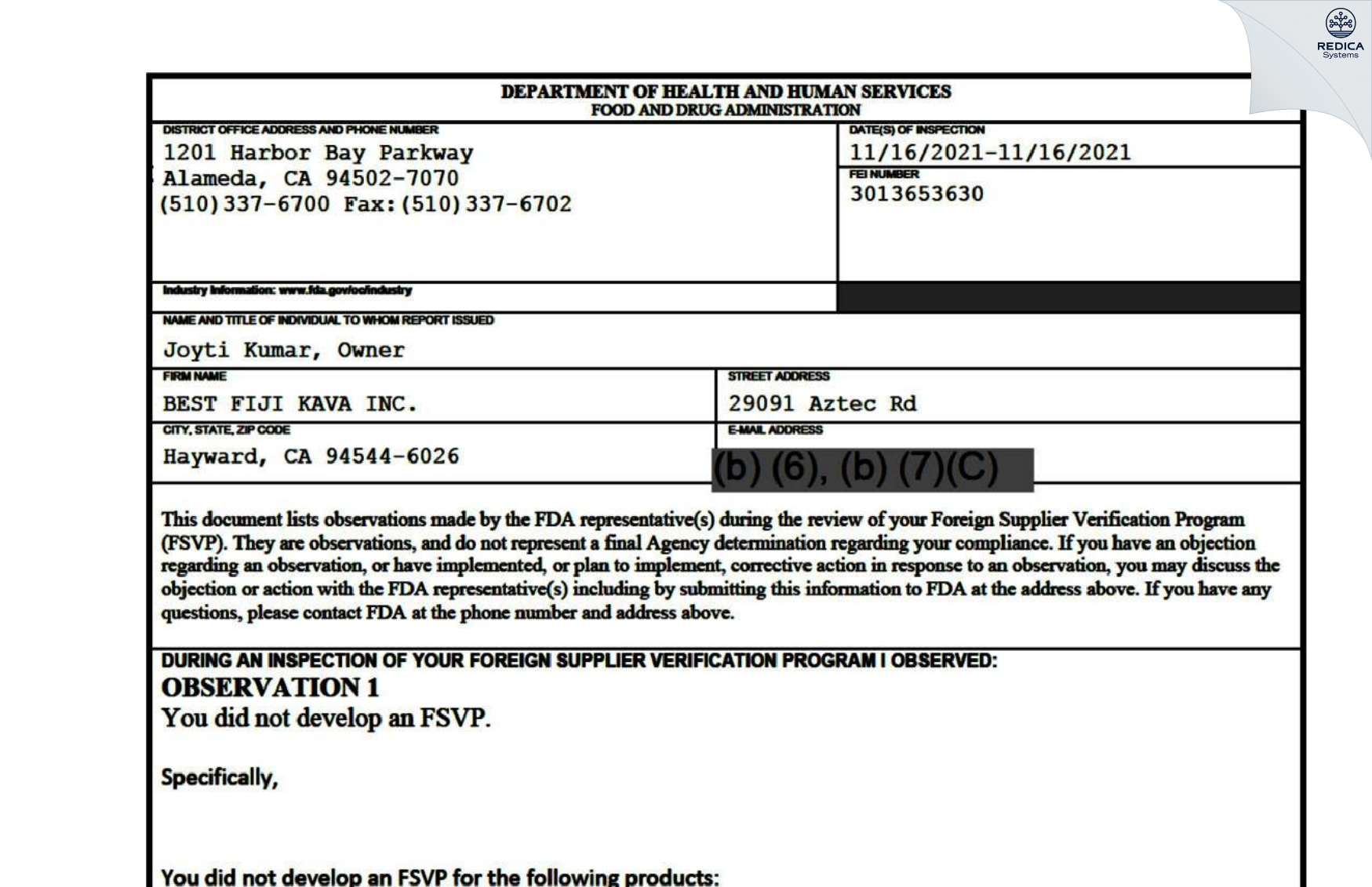 FDA 483 - BEST FIJI KAVA INC. [Hayward / United States of America] - Download PDF - Redica Systems