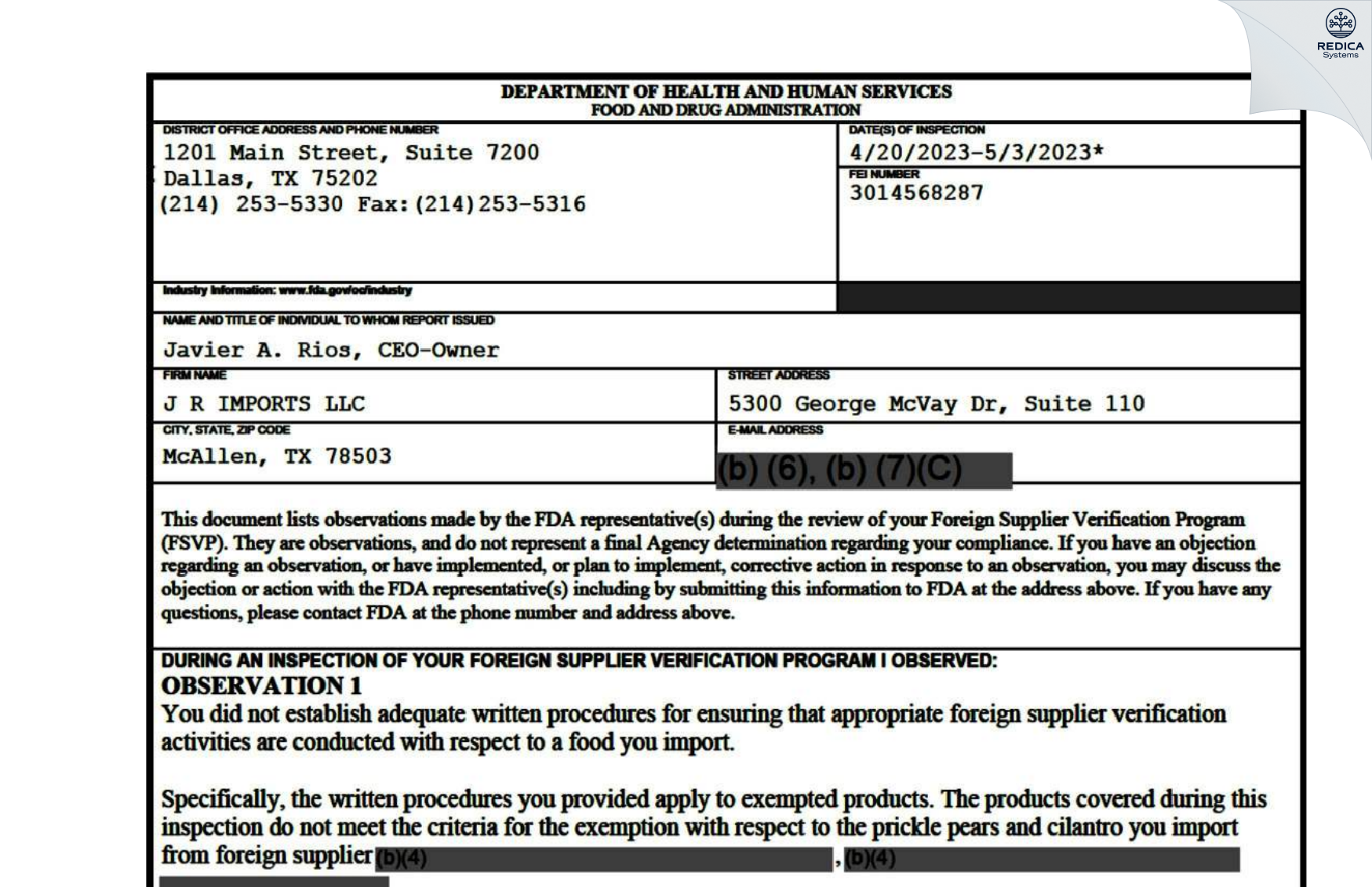 FDA 483 - J R IMPORTS LLC [Mcallen / United States of America] - Download PDF - Redica Systems