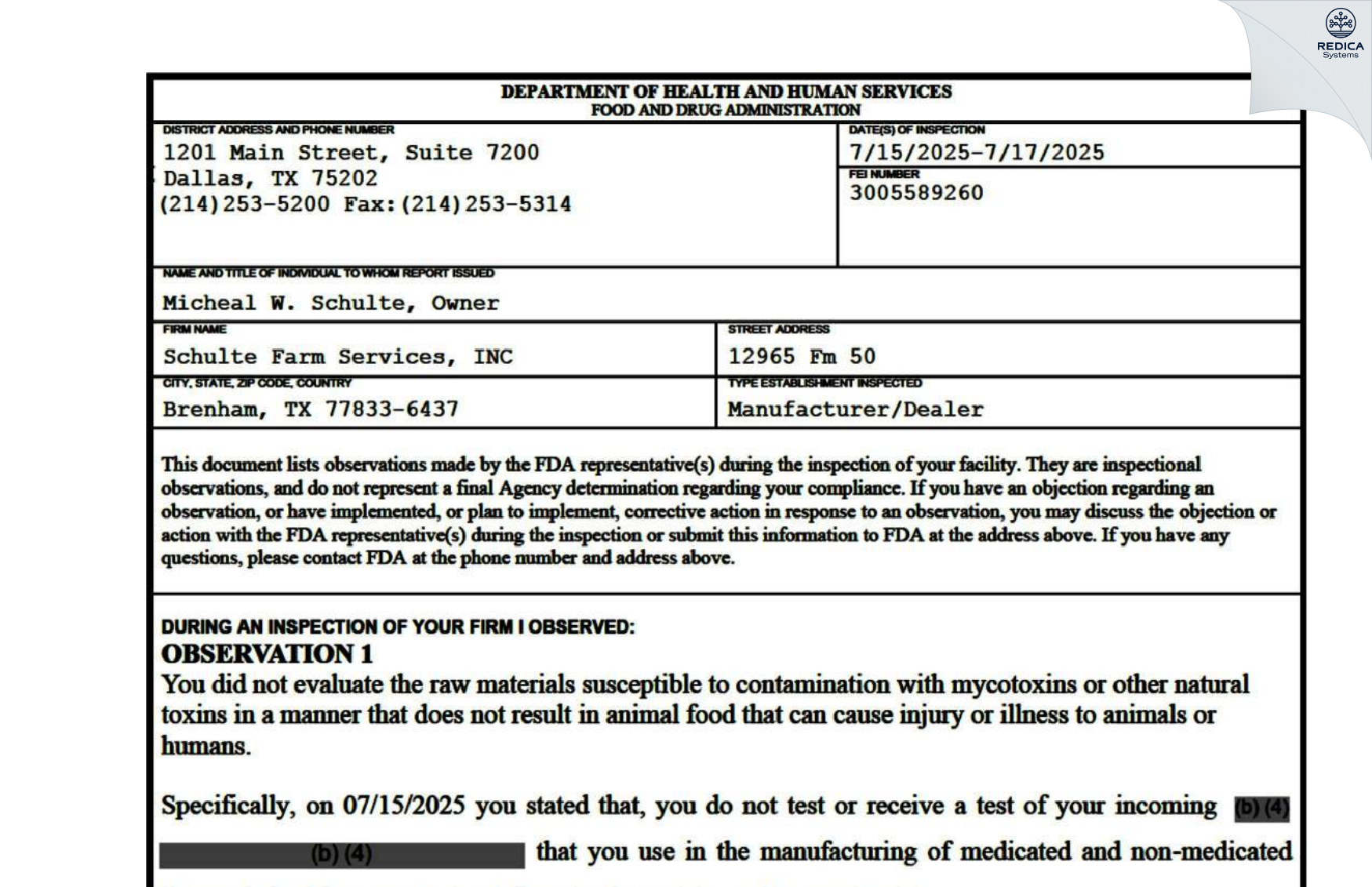 FDA 483 - Schulte Cattle Company [Brenham / United States of America] - Download PDF - Redica Systems