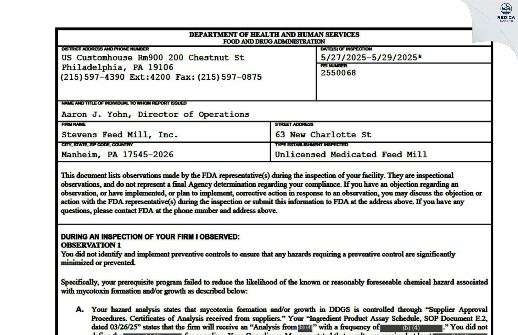 FDA 483 - Stevens Feed Mill, Inc. [Manheim / United States of America] - Download PDF - Redica Systems
