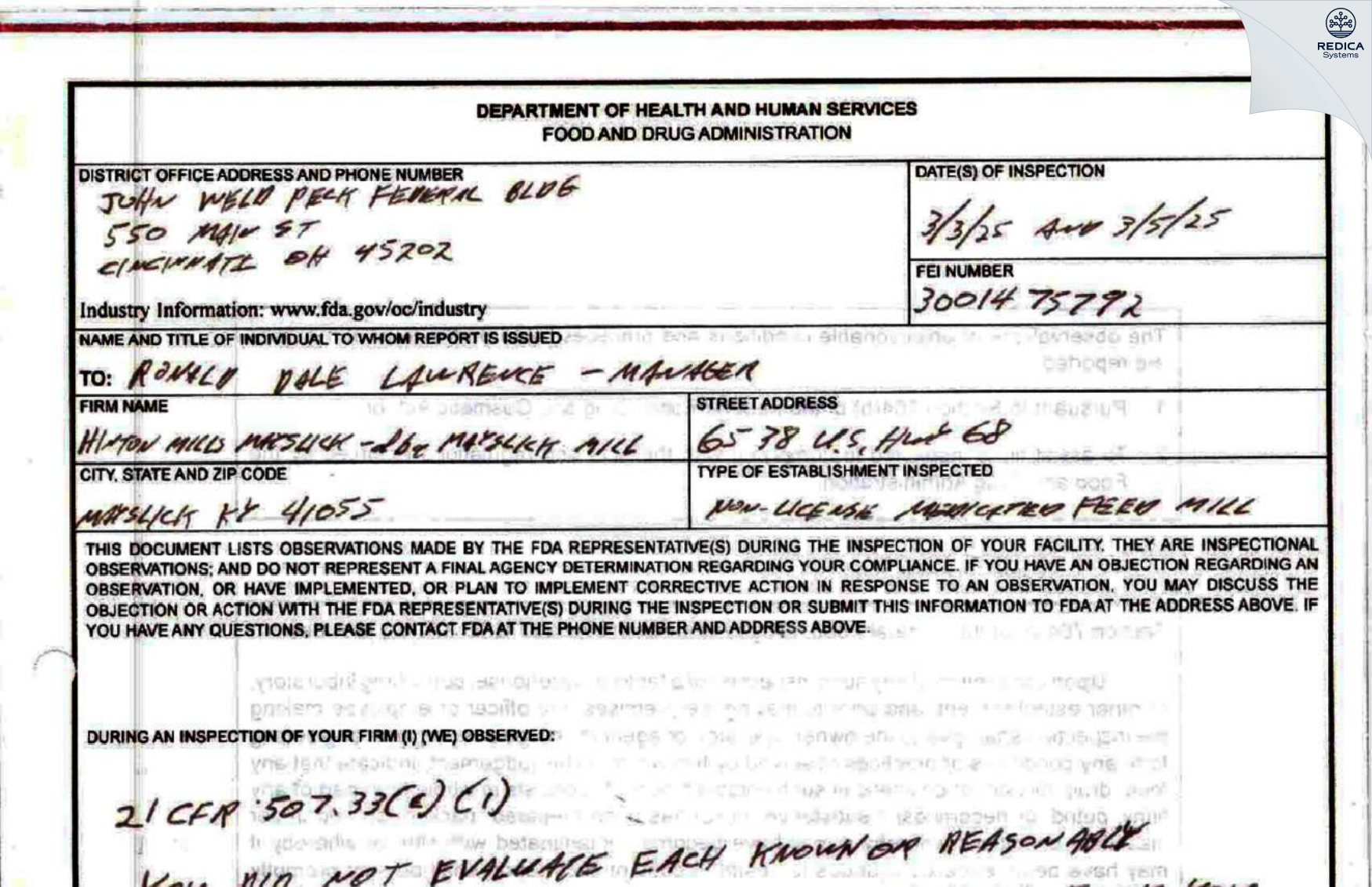 FDA 483 - May's Lick Mill, Inc. [Mayslick / United States of America] - Download PDF - Redica Systems