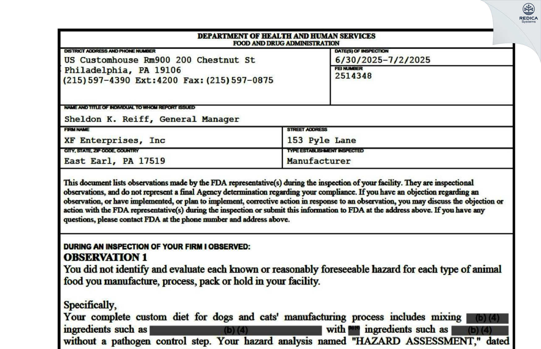 FDA 483 - Xtra Factors Inc [Ephrata / United States of America] - Download PDF - Redica Systems