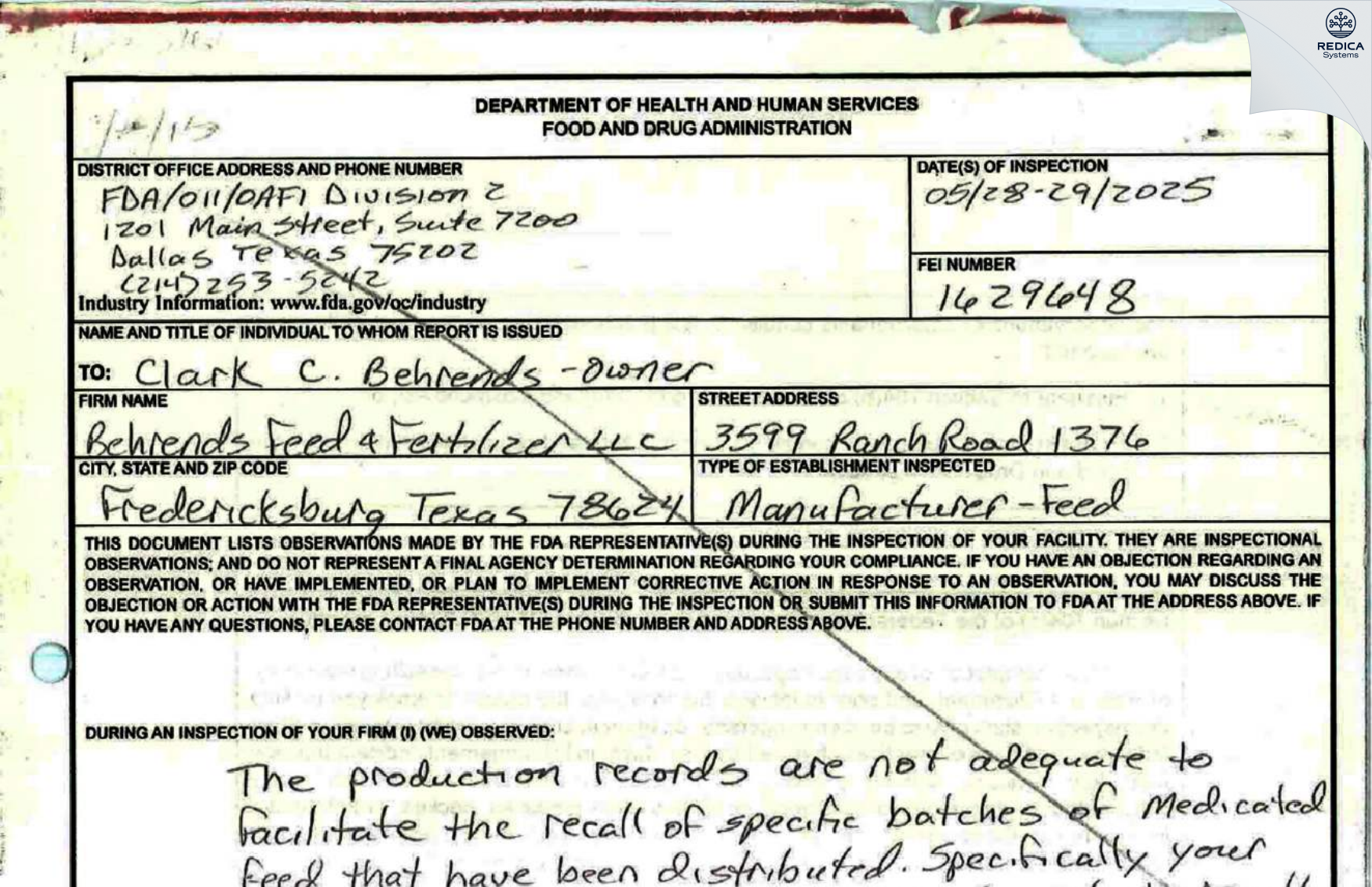 FDA 483 - Behrends Feed & Fertilizer LLC [Fredericksburg / United States of America] - Download PDF - Redica Systems