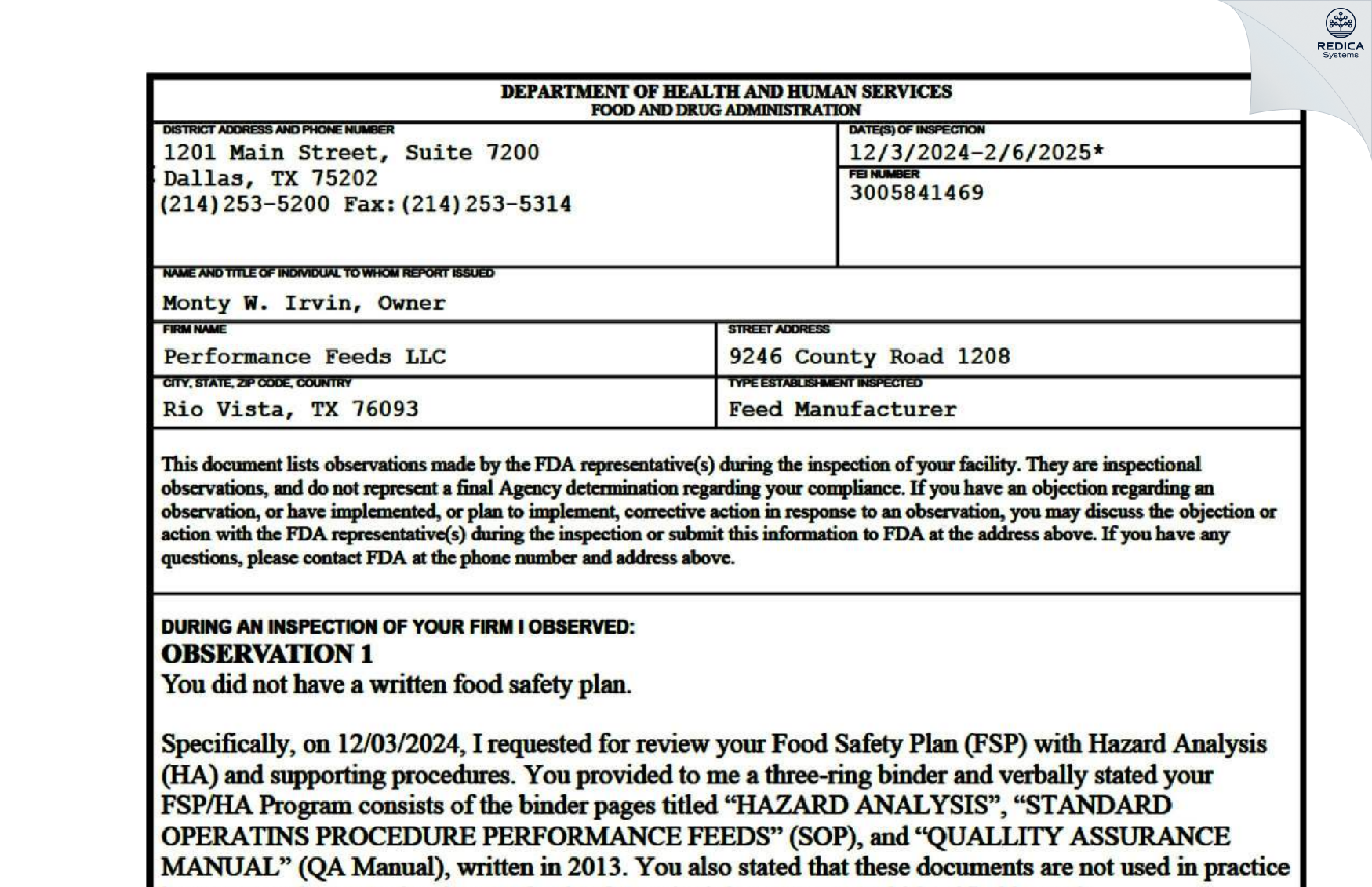 FDA 483 - Performance Feeds LLC [Rio Vista / United States of America] - Download PDF - Redica Systems