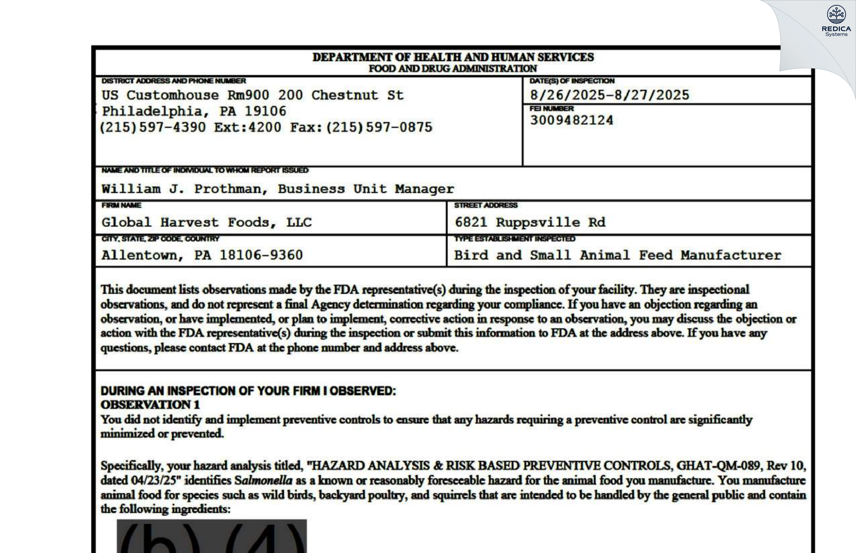 FDA 483 - Global Harvest Foods, LLC [Allentown / United States of America] - Download PDF - Redica Systems