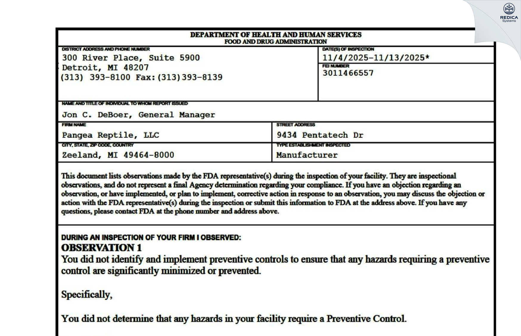 FDA 483 - Pangea Reptile, LLC [Zeeland / United States of America] - Download PDF - Redica Systems