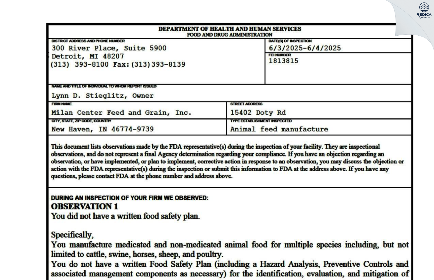 FDA 483 - Milan Center Feed and Grain, Inc. [New Haven / United States of America] - Download PDF - Redica Systems