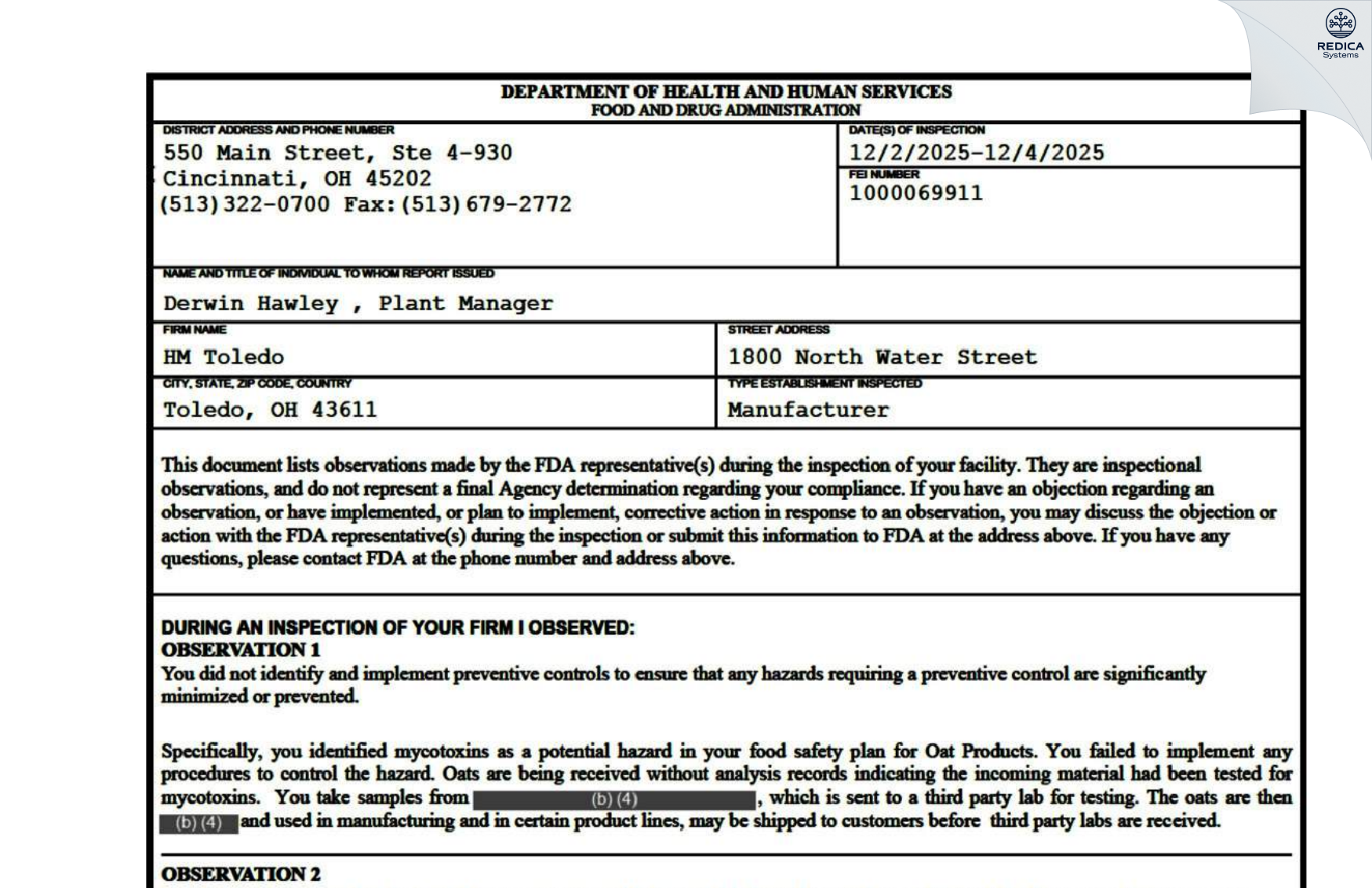 FDA 483 - Hansen Mueller Company [Toledo / United States of America] - Download PDF - Redica Systems