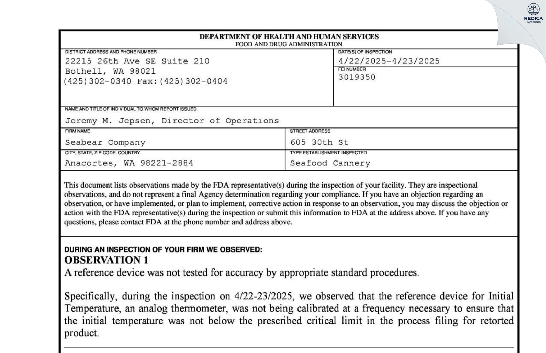 FDA 483 - Seabear Company [Anacortes / United States of America] - Download PDF - Redica Systems