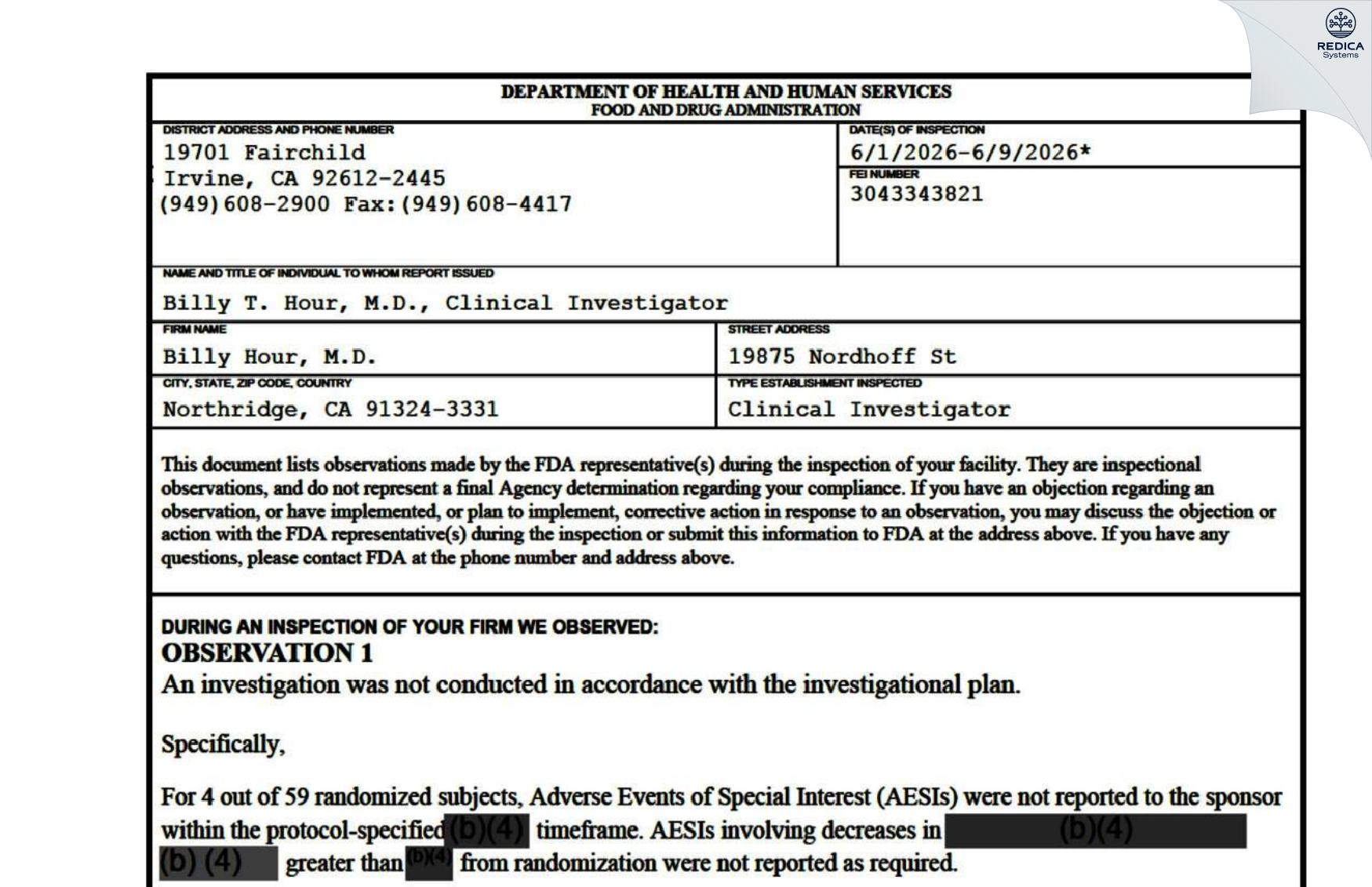 FDA 483 - Billy Hour, M.D. [Northridge / United States of America] - Download PDF - Redica Systems