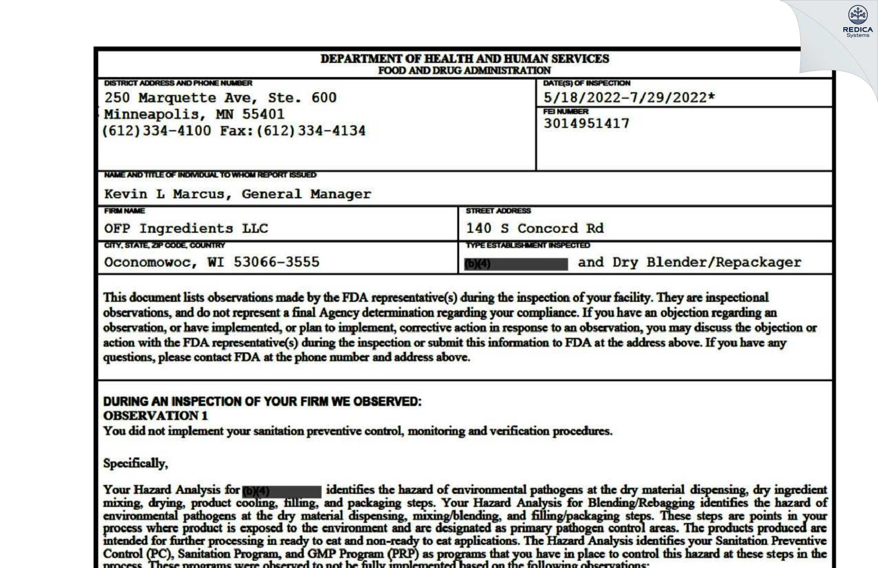 FDA 483 - OFP Ingredients LLC [Oconomowoc / United States of America] - Download PDF - Redica Systems