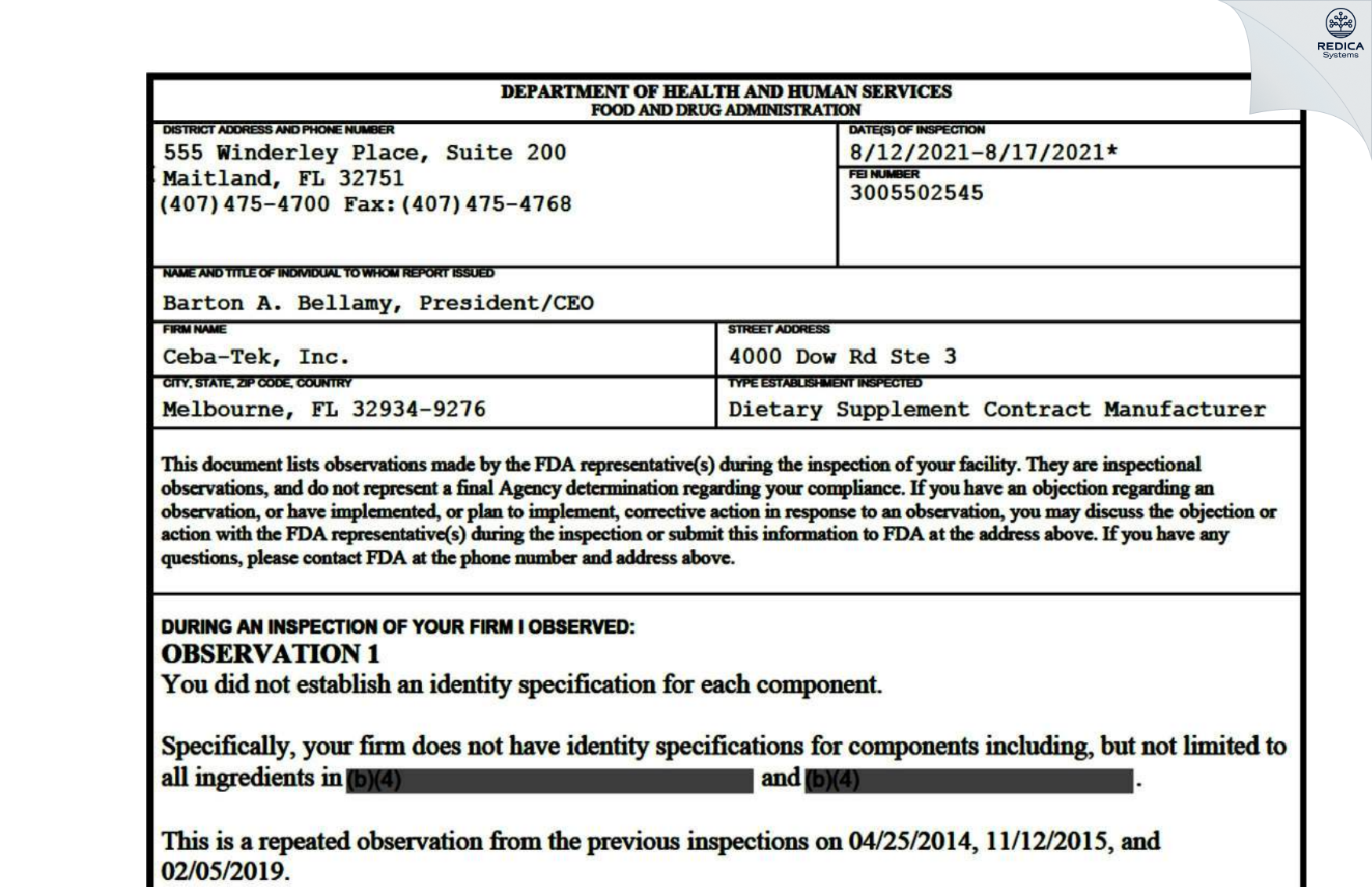FDA 483 - Ceba-Tek, Inc. [Melbourne / United States of America] - Download PDF - Redica Systems