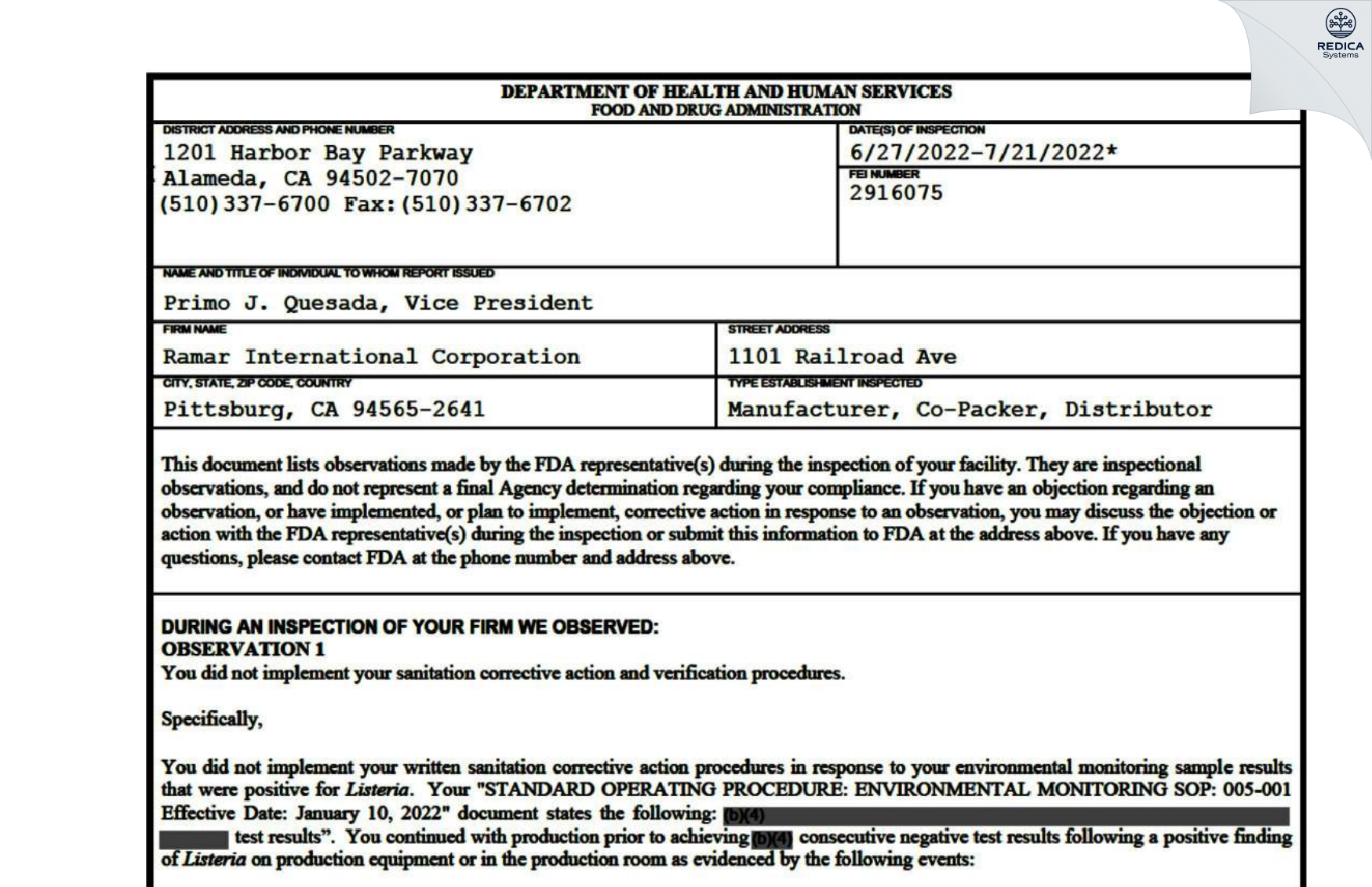 FDA 483 - Ramar International Corporation [Pittsburg / United States of America] - Download PDF - Redica Systems